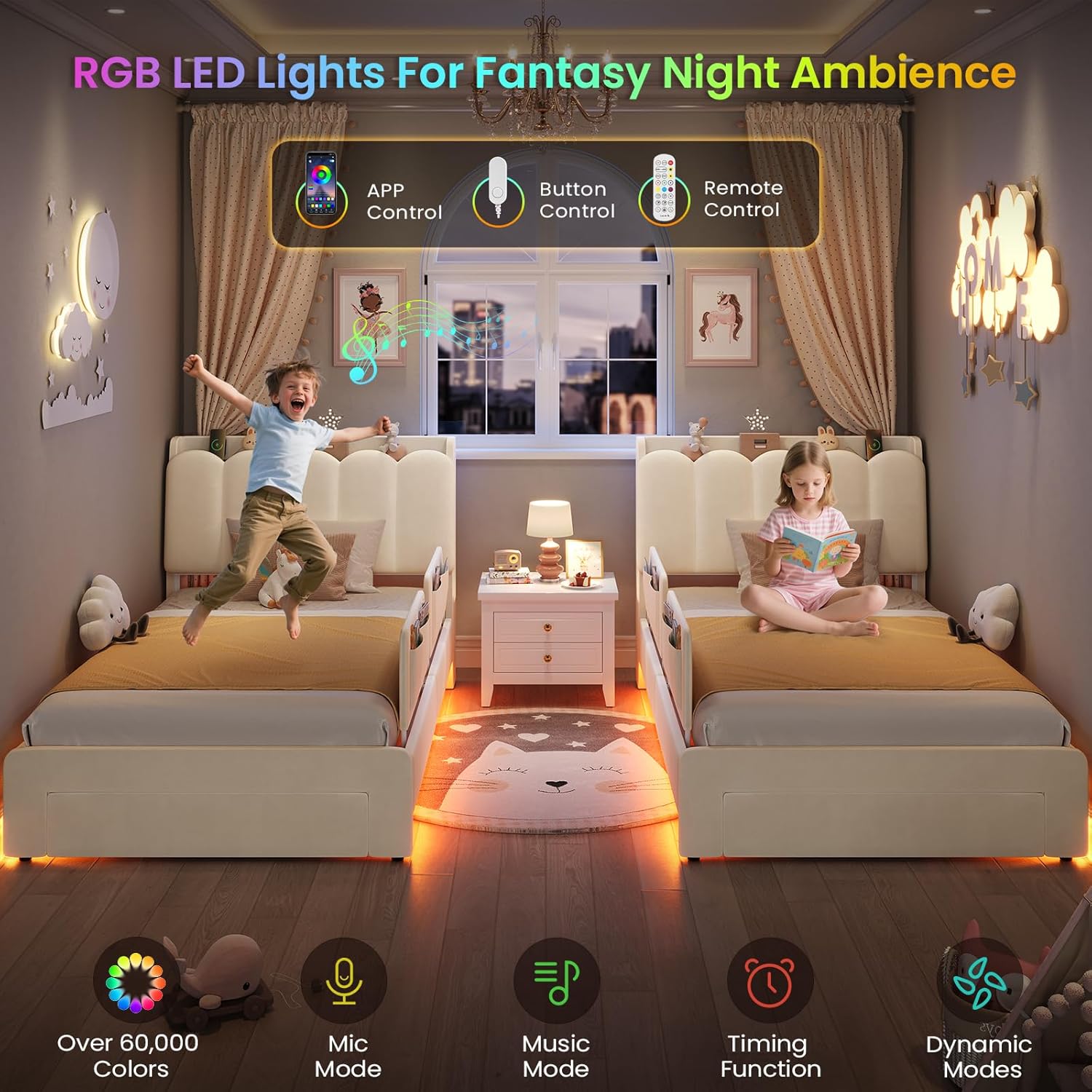 DICTAC Twin Size LED Bed Frame with Storage Drawer and Safety Guardrails, Velvet Upholstered Platform Bed for Kids with Chic Wavy Storage Headboard, Charging Station, Heavy Duty Metal Support, Beige