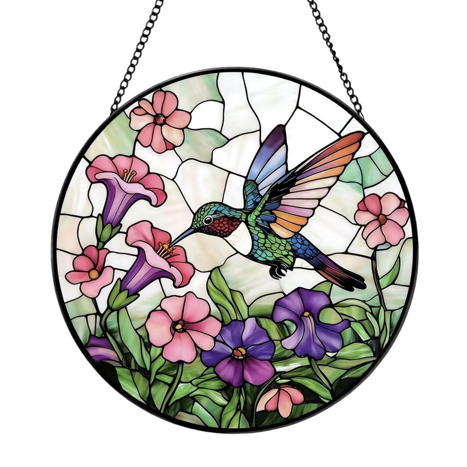 hogtnd Hand Painted Bird Stained Glass Sunlight Catcher with Metal Chain Hanging for Door Window Patio Garden Decoration Bird Sunlight Catcher