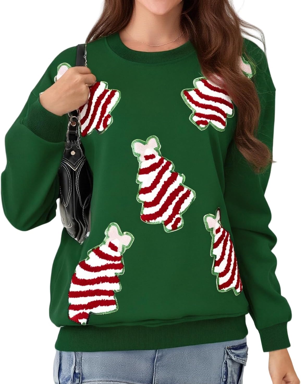 Adoeren Women Christmas Glitter Sweatshirt Sequined Sleeve Crewneck Pullover Top Graphic Funny Xmas Holiday Santa Shirts
