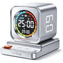 Ticktime TK3 Pomodoro Timer Cube, Productivity Timer, 5/10/30/60 Min Presets, Custom Countdown, Stopwatch & Clock, Triple Alarms, Silent/Vibration/Sound Alerts, Rechargeable for ADHD Study Task,Silver