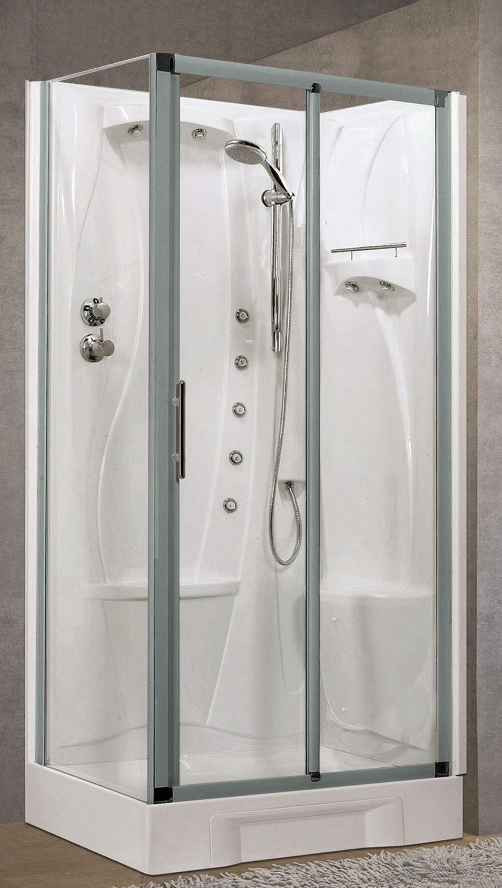 Novellini New Holiday 2P+F Idromassaggio 100x70 cm Cabina Doccia Multifunzione Apertura 1 Anta Scorrevole Seduta Destra Miscelatore Termostatico Vetro Trasparente Profilo Silver Doccetta Alto 206 cm