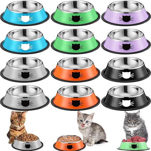 Miniatura 1 de Nuogo Paquete de 12 cuencos de acero inoxidable para perros y gatos con base de goma de 7 onzas, cuencos antideslizantes para agua para gatos, plato
