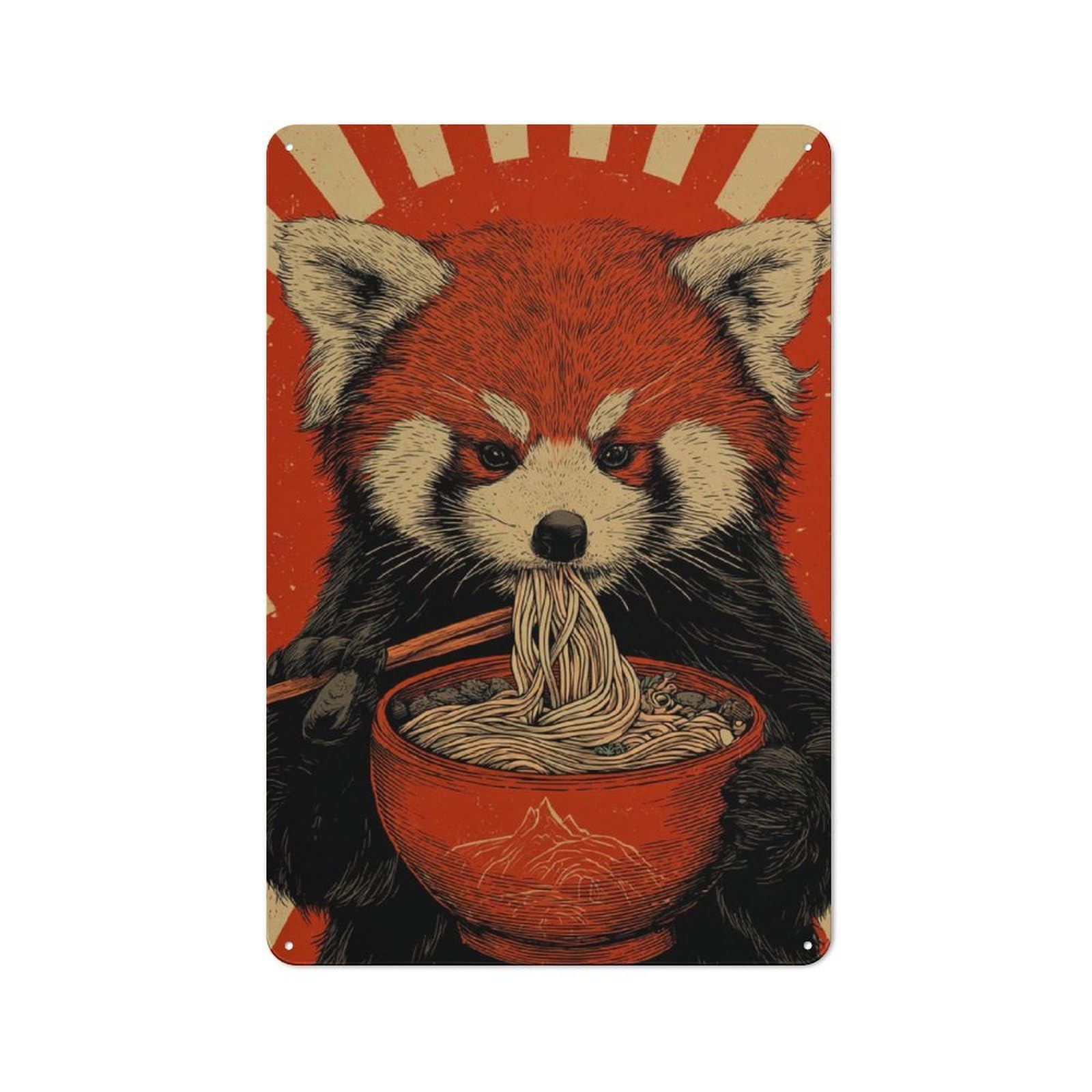 Junmoney Red Panda Noodle Feast Loft Style Metal Wall Sign 30X20cm Featuring Studio Wall Art For Loft, Studio, Office Or Creative Room