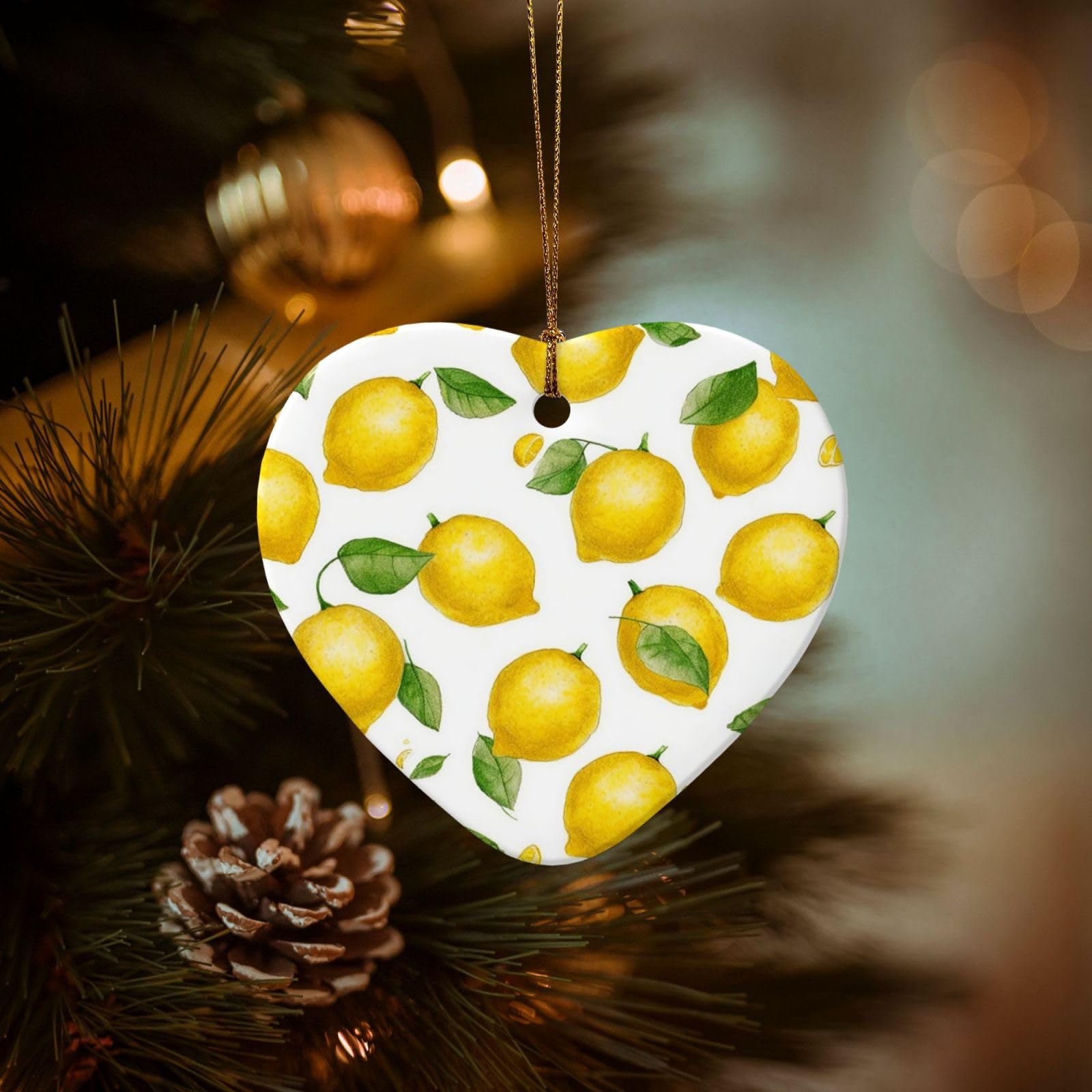 Christmas Tree Ornaments Ceramics Christmas Decorations Yellow Lemon Ornaments with Gold Ribbon Porcelain Xmas Tree Crafts Heart Shape Hanging Pendant for Christmas Tree Party Decor