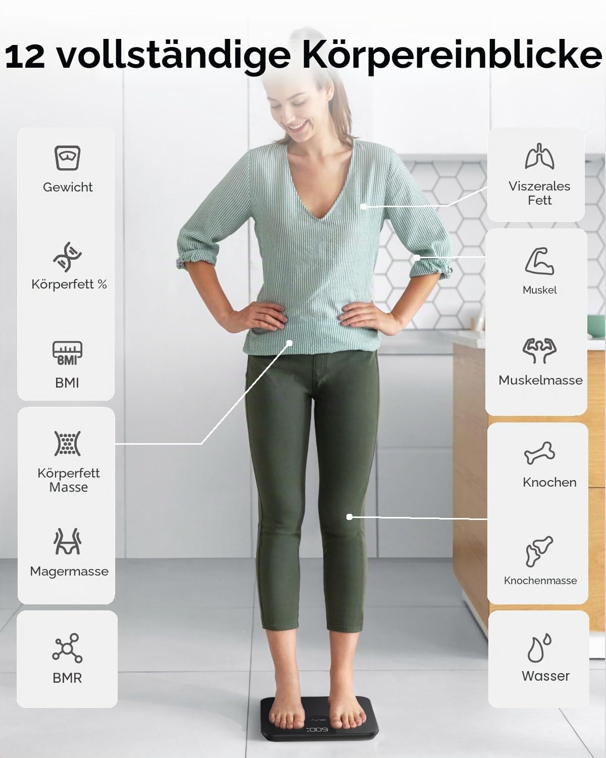 eufy Waage für Körpergewicht, Digitale Personenwaage mit Bluetooth, Körperfettwaage, 12 Messungen, Gewicht/Körperfett/BMI, Fitness Körperzusammensetzungsanalyse, Schwarz, lbs/kg, Smart Waage A1