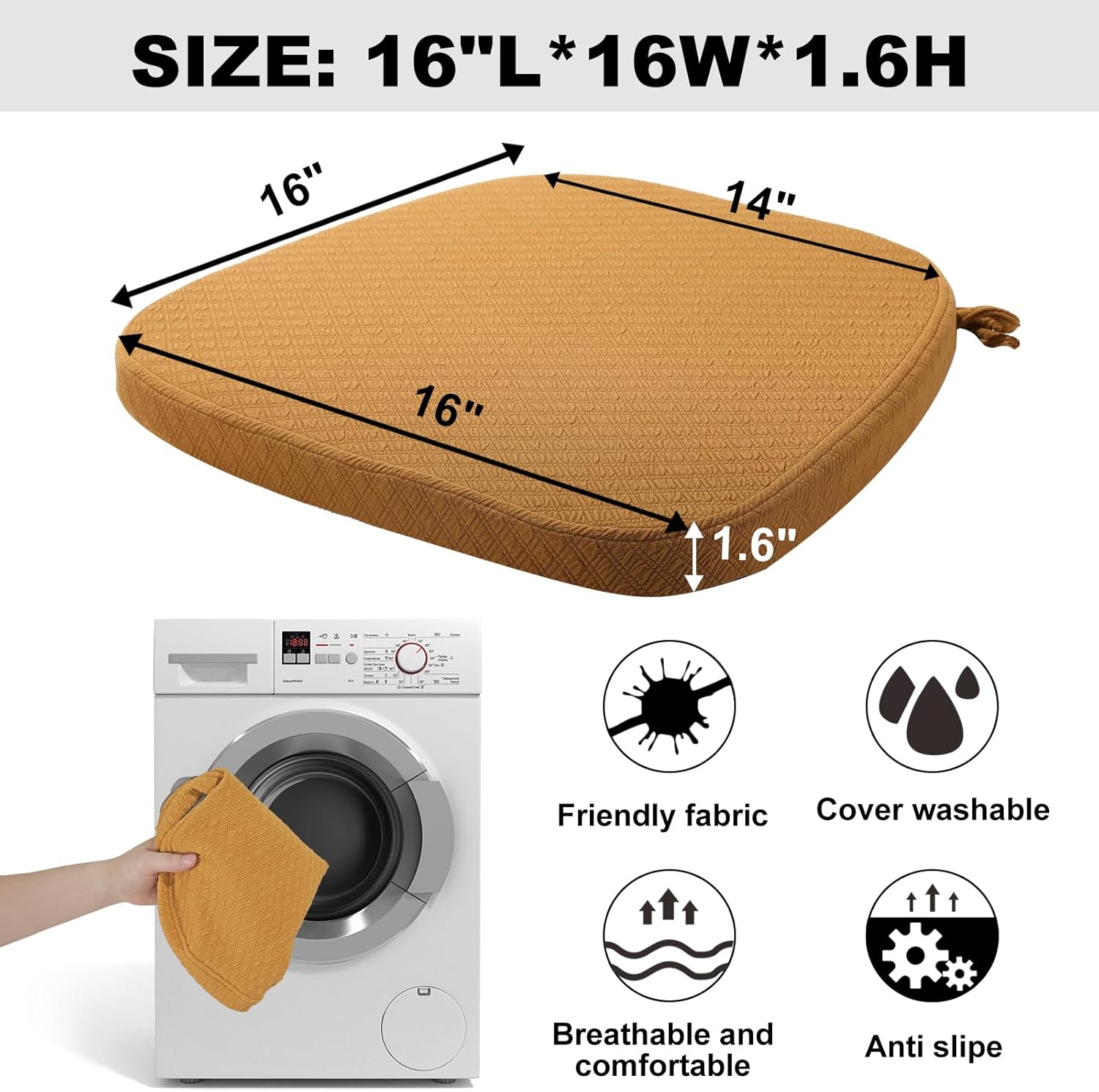 BUYUE Luxury Memory Foam Chair Cushions 6 Pack, Jacquard 16" U-Shape Comfortable Dining Chair Pads, Removable Slip Resistant Kitchen Chair Seat Cushions (Set of 6, Ocher)