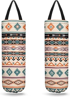 Plastic Bag Holder Set of 2 Hanging Grocery Bag Holder Reusable Plastic Bag Dispenser Trash Bag Organizer Container,Ethnic Aztec Tribal Stripes