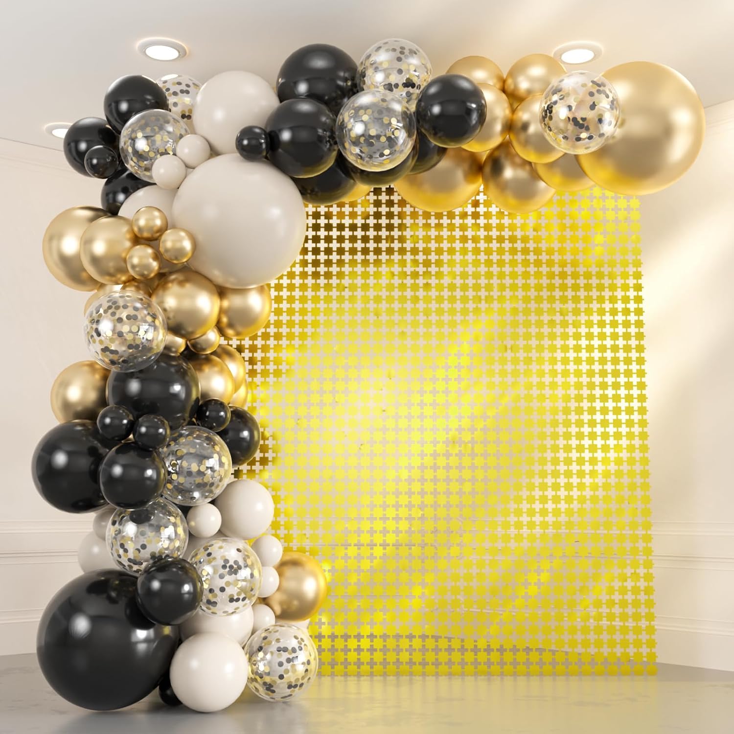 103pcs Black Gold Sand White Balloon Arch Kit with 2 Metallic Gold Square Foil Fringe Backdrop Curtains (3.3x6.6ft) - Graduation, Birthday, New Year Eve Party Decor