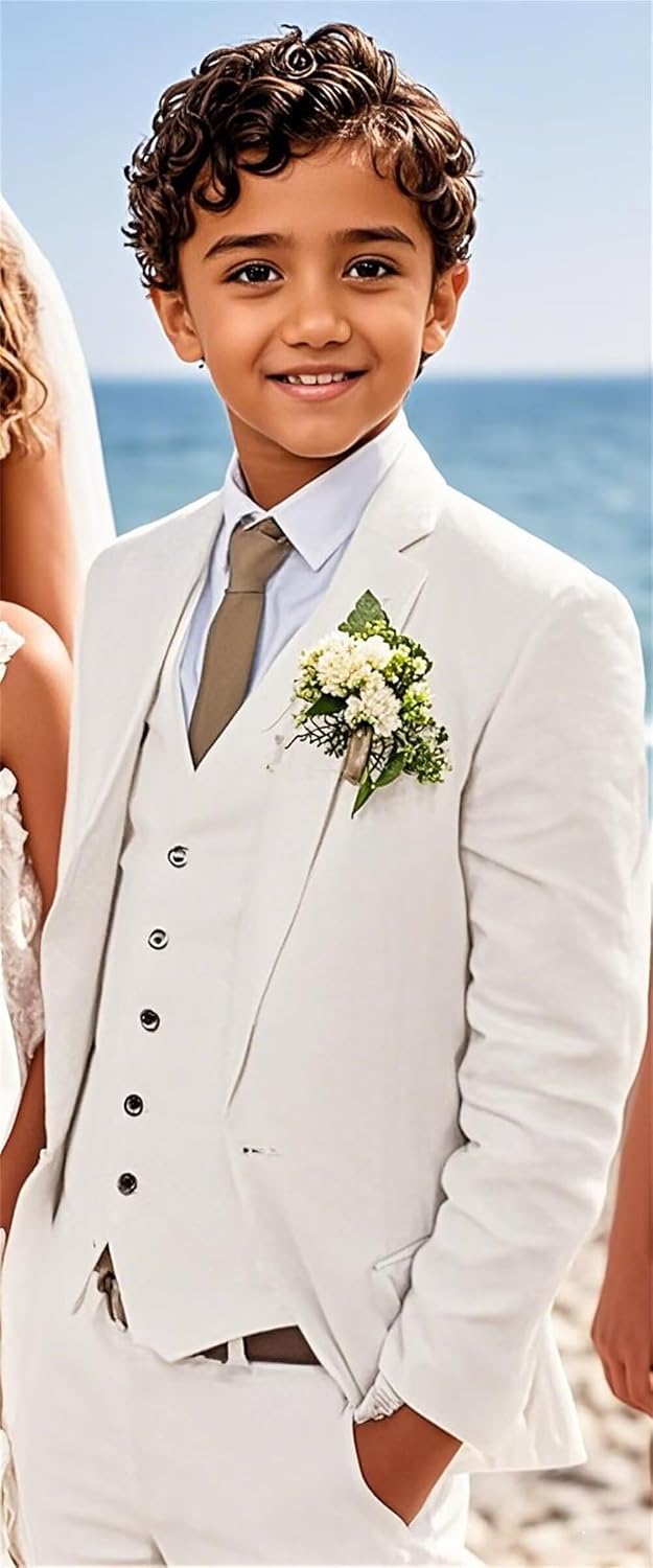 Kids Linen Suits for Boys 3-Piece Slim Fit Formal Dresswear Outfit Boy Beach Wedding Tuxedo Set Jacket Vest and Pants