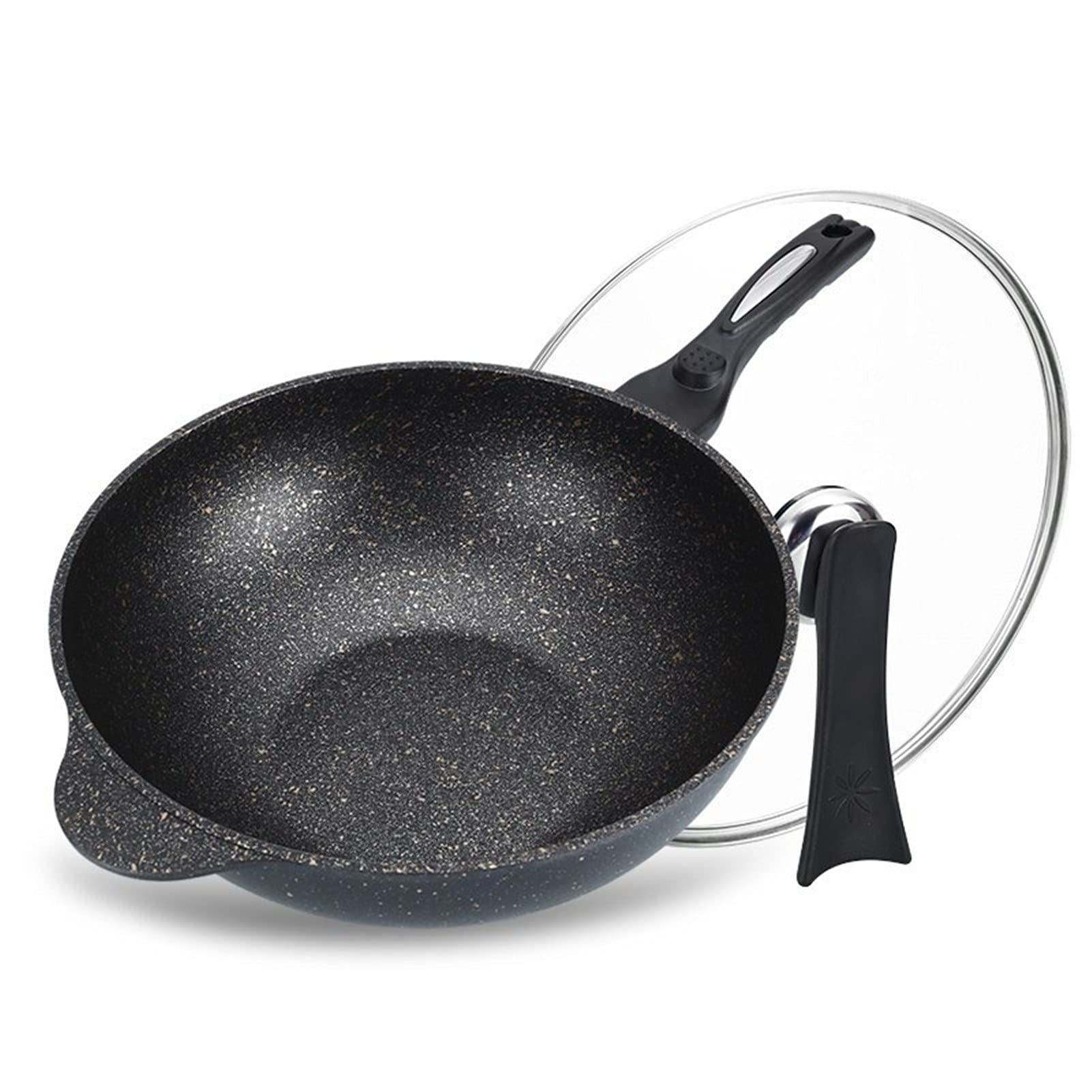 Patelnia woka, nieprzywierająca patelnia indukcyjna z pokrywką, patelnia do mieszania z kutego odlewu aluminiowego, 3-warstwowa powłoka zapobiegająca przywieraniu bez PFOA, granit (czarny 32 cm)