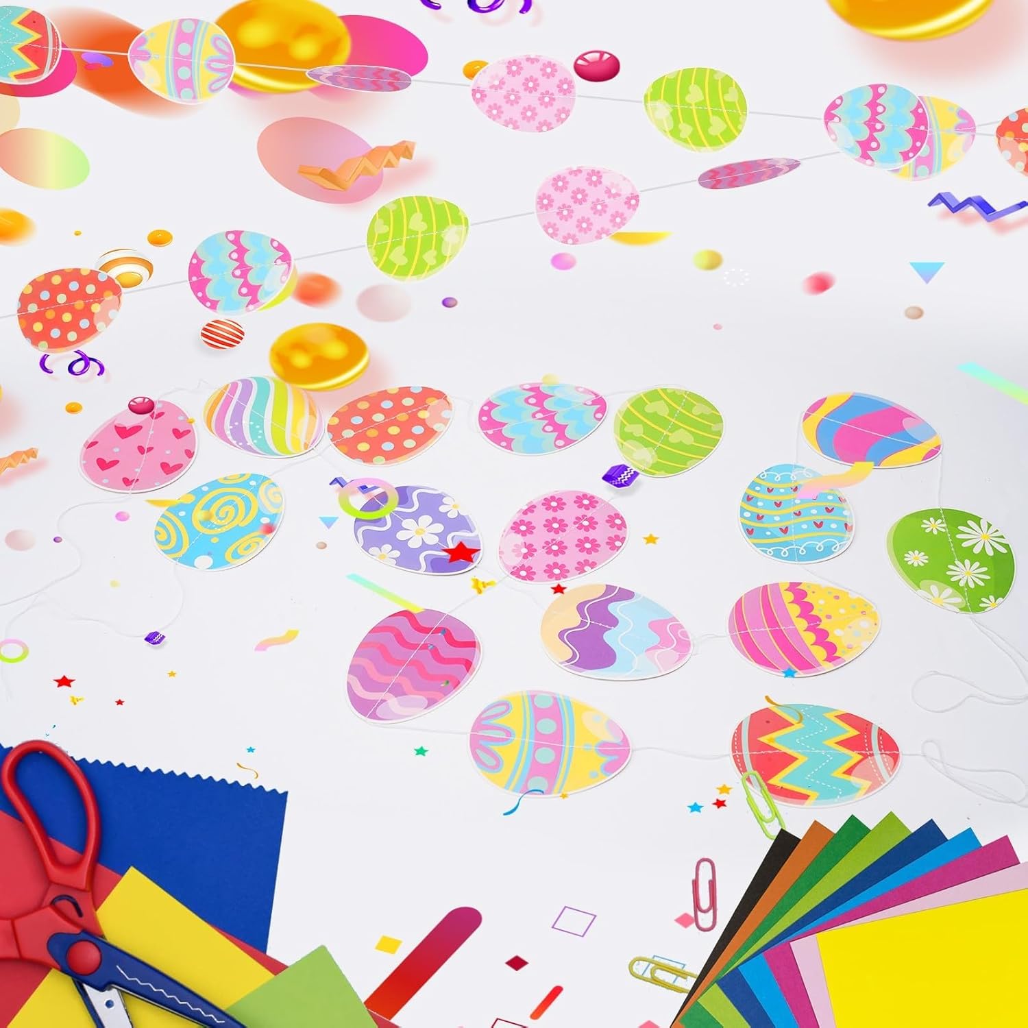 AhfuLife Easter Egg Garland Decorations, Happy Easter Paper Banner Party Decorations 6pcs Hanging Eggs for Home Party Favors Supplies