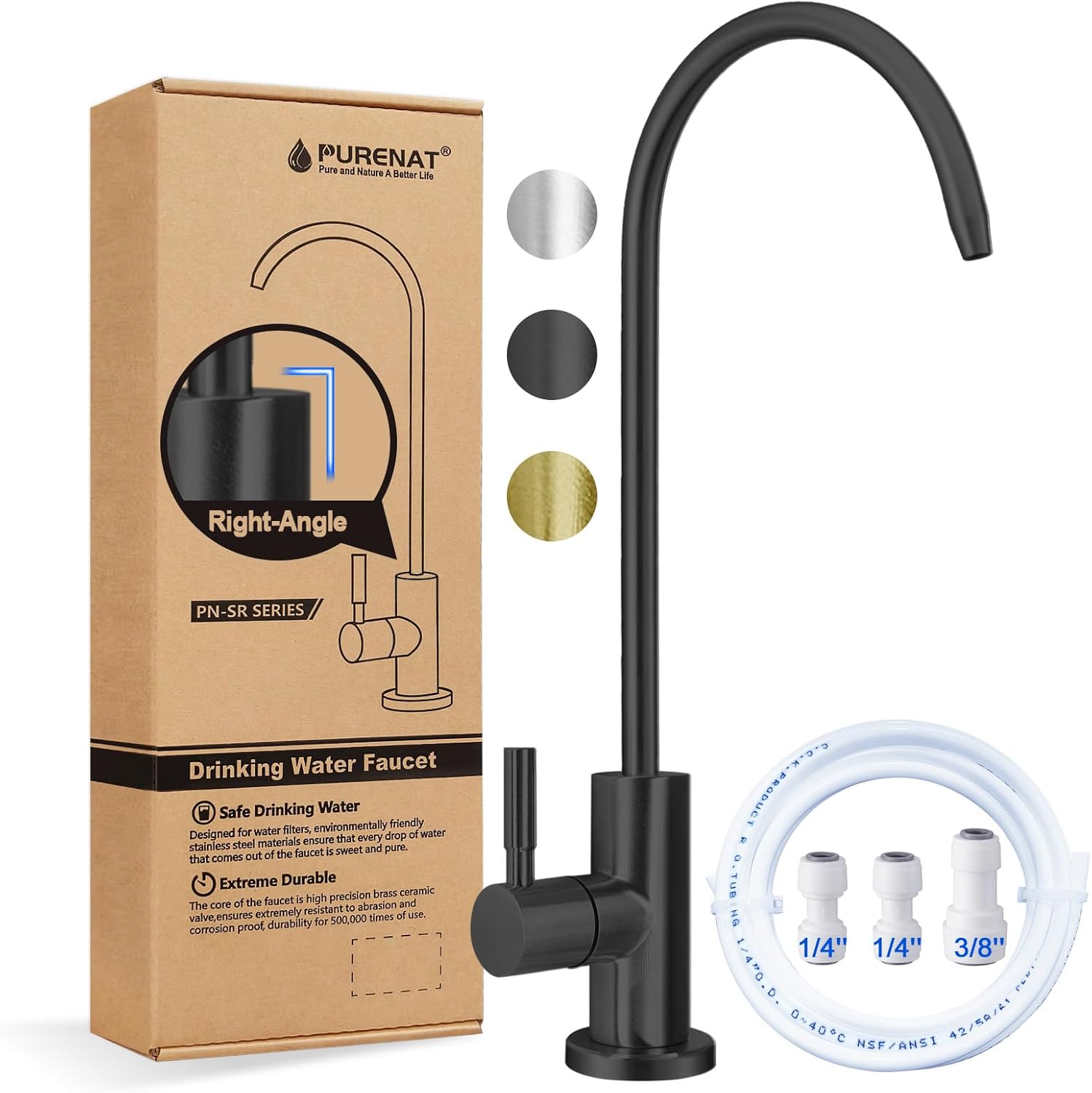 Drinking Water Faucet - Long Thread Stem Filtered Water Tap for Thick Countertop,Lead-Free RO Faucet with Hose and Push Connect Fittings(Matte Black-Flat Top)