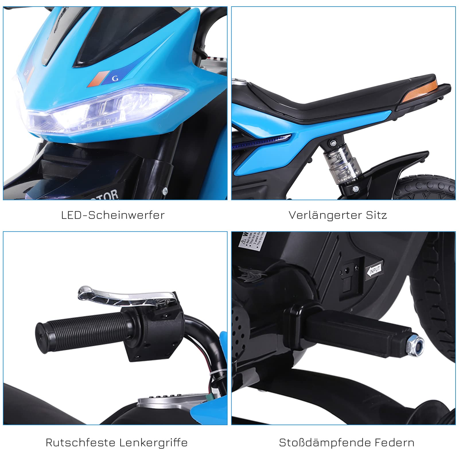 HOMCOM Kindermotorrad Kinder-Elektromotorrad Elektro-Motorrad für Kinder 3-6 Jahren Licht Musik MP3 Elektrofahrzeug mit Stützrädern maximal 3 km/h Metall + Kunststoff Blau 105 x 52,3 x 62,3 cm