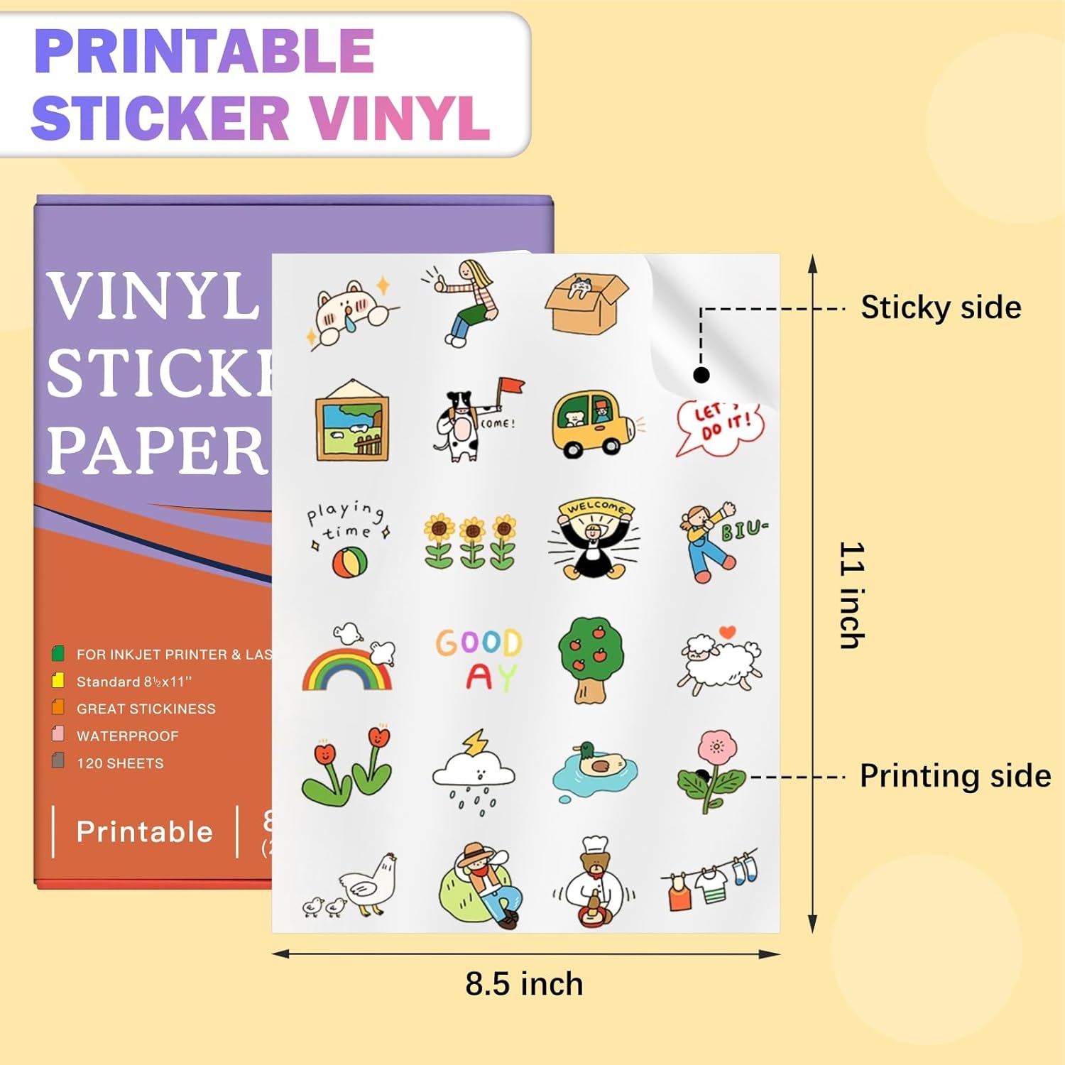 120 Sheets Premium Printable Vinyl Sticker, Vinyl Glossy White Waterproof Sticker, Suitable for Inkjet Printers, Dries Quickly, Vivid Colors, Tear Resistant, 8.5x11" Great for Cutting Machines