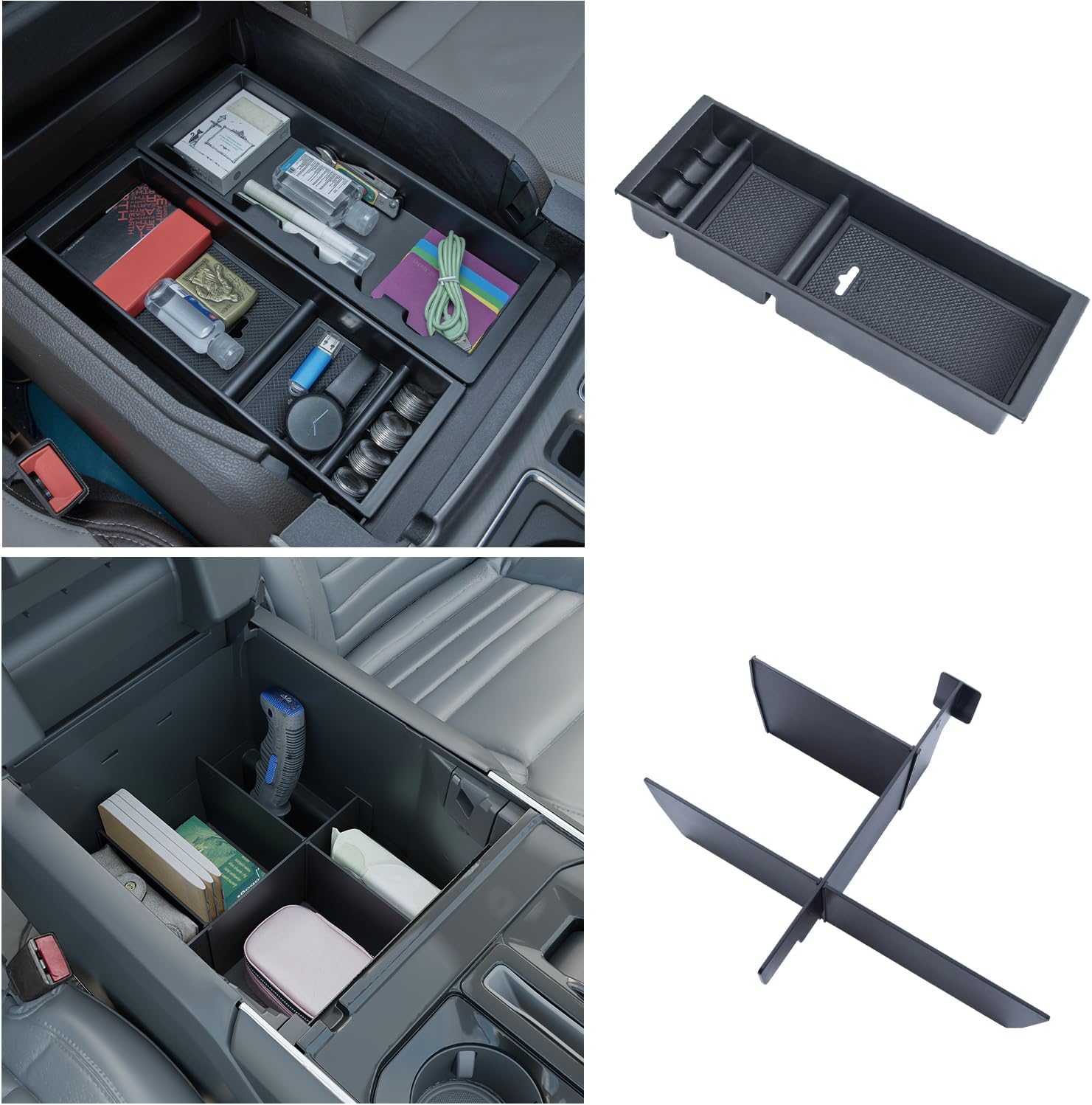 PIMCAR 2PCS Center Console Organizer and Armrest Divider for Ford F150 2021-2025 Accessories Interior Storage Box ABS Plastic Material (Not fit for F150 XLT)
