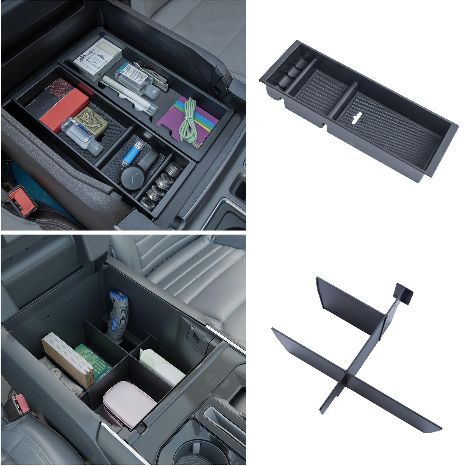 PIMCAR 2PCS Center Console Organizer and Armrest Divider for Ford F150 2021-2025 Accessories Interior Storage Box ABS Plastic Material (Not fit for F150 XLT)