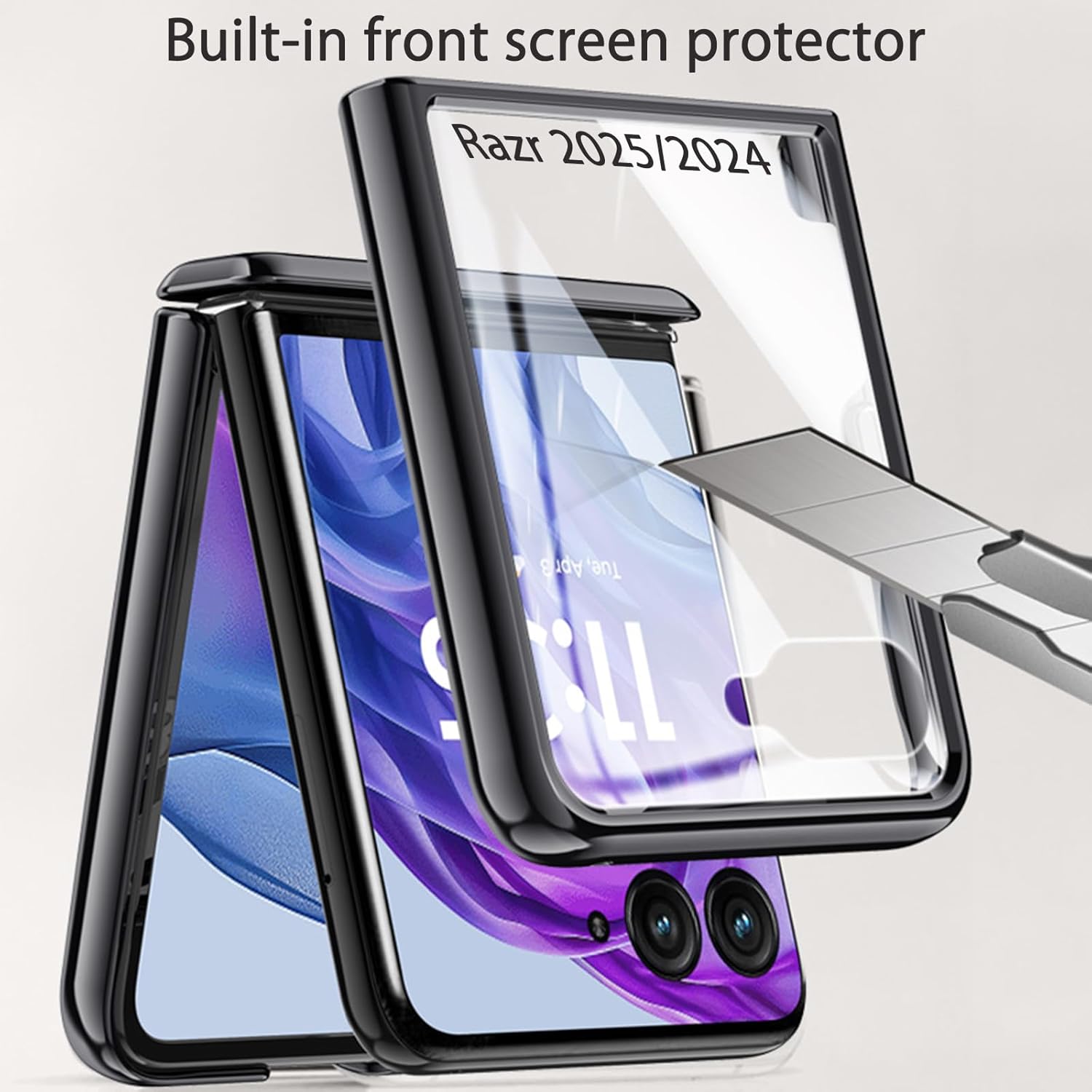 for Motorola Razr 2025 / Razr 2024 Case Clear with Hinges Protection & Plated Frame & Built-in Front Screen Protector (Silver, Razr 2025/2024)