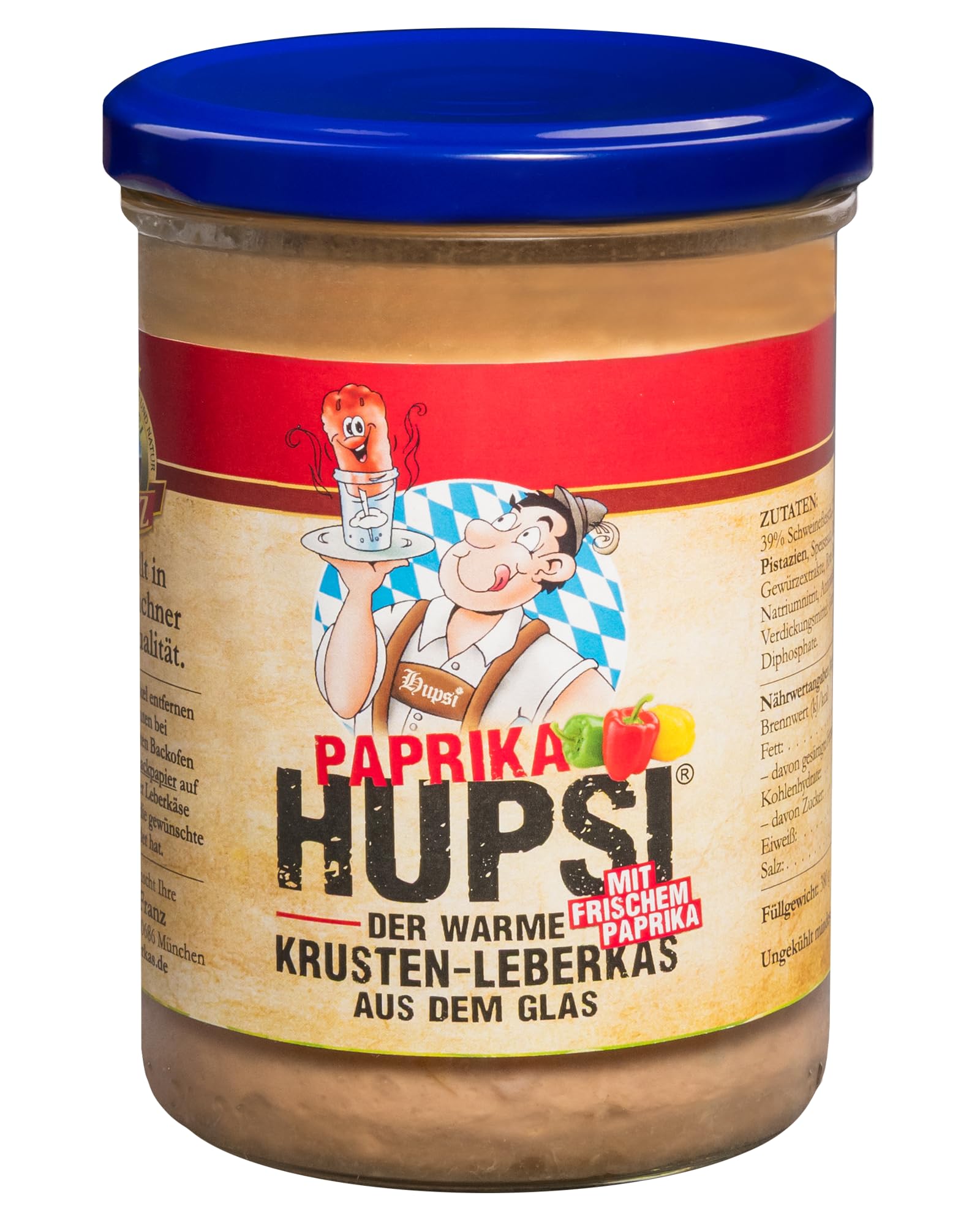 Hupsi Leberkäse im Glas original - Paprika 2x 380 g - In 25-30min verzehrfertig - Bayerischer Leberkas zum Aufbacken aus Familienmetzgerei in München