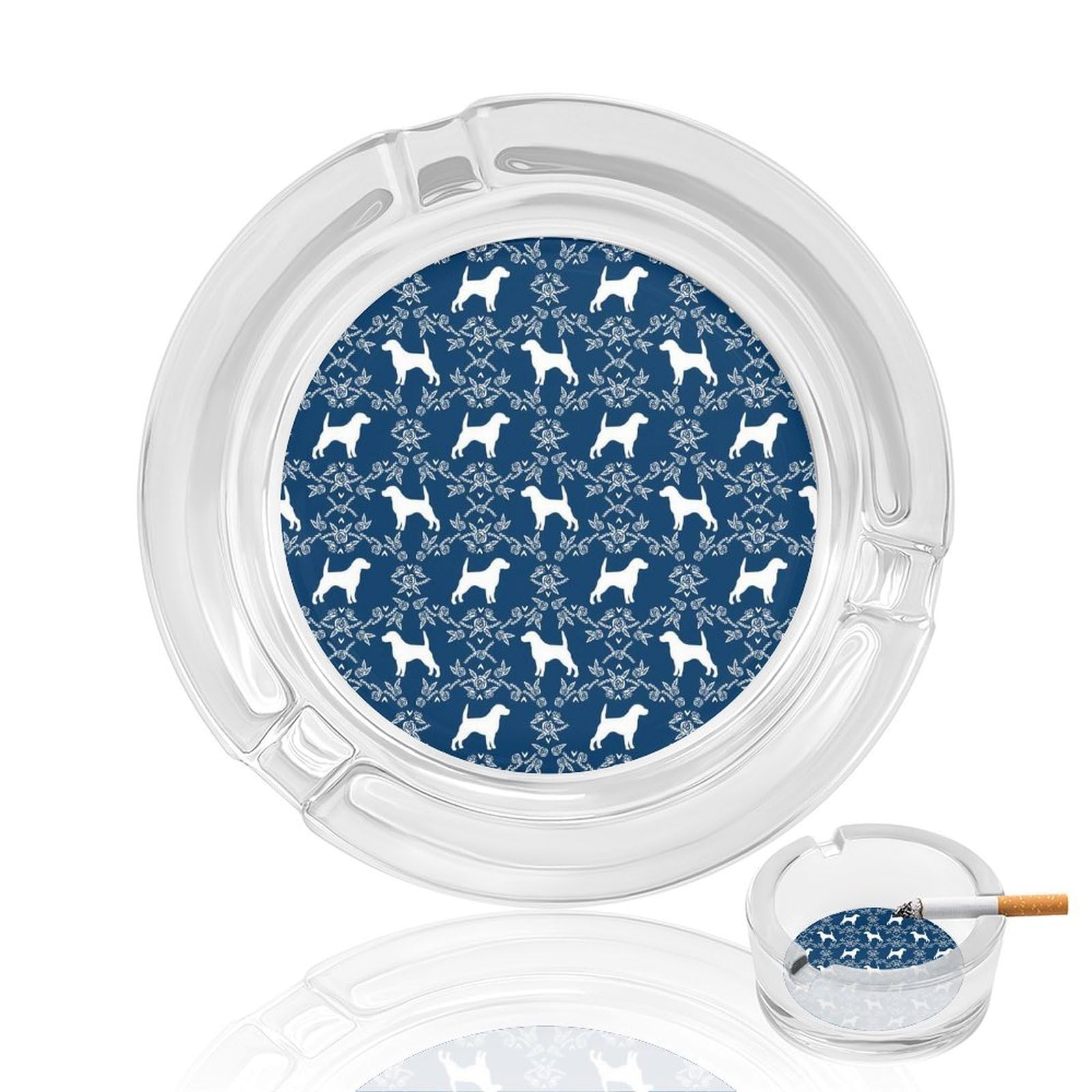Nclqvjxzkhw Style Beagle Silhouette Florals Dog Breed Pattern Glass Ashtray Round Ash Tray Smoking Trays For Home Garden Outdoor