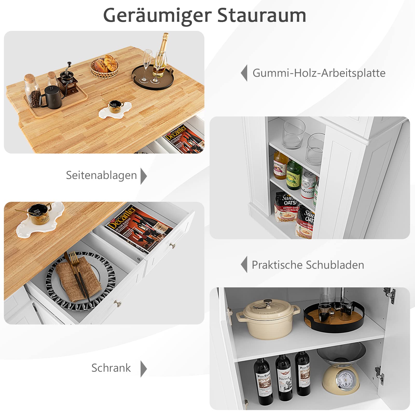 GOPLUS Kücheninsel mit erweiterbarer Arbeitsfläche, Küchenschrank aus Holz mit Schubladen und Regalen, Sideboard für Küche & Esszimmer, 120 x 60/90 x 92cm (Weiß)