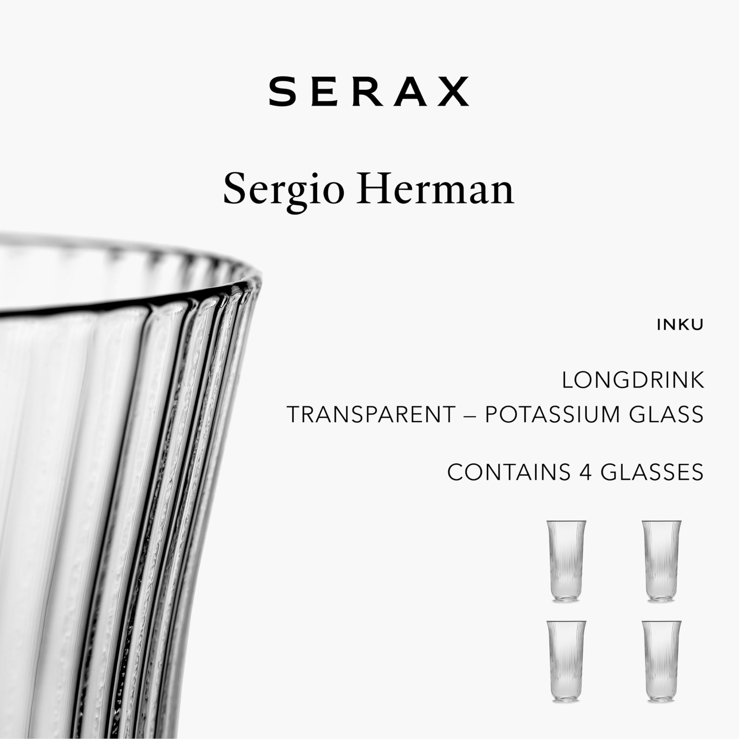 Serax Longdrink Trinkgläser, 4er-Set, Inku-Gläser von Sergio Herman, klare, gerippte Wasserglasbecher ohne Deckel, Essentials, Küchenset für Bier, Saft, Kaffeezubehör