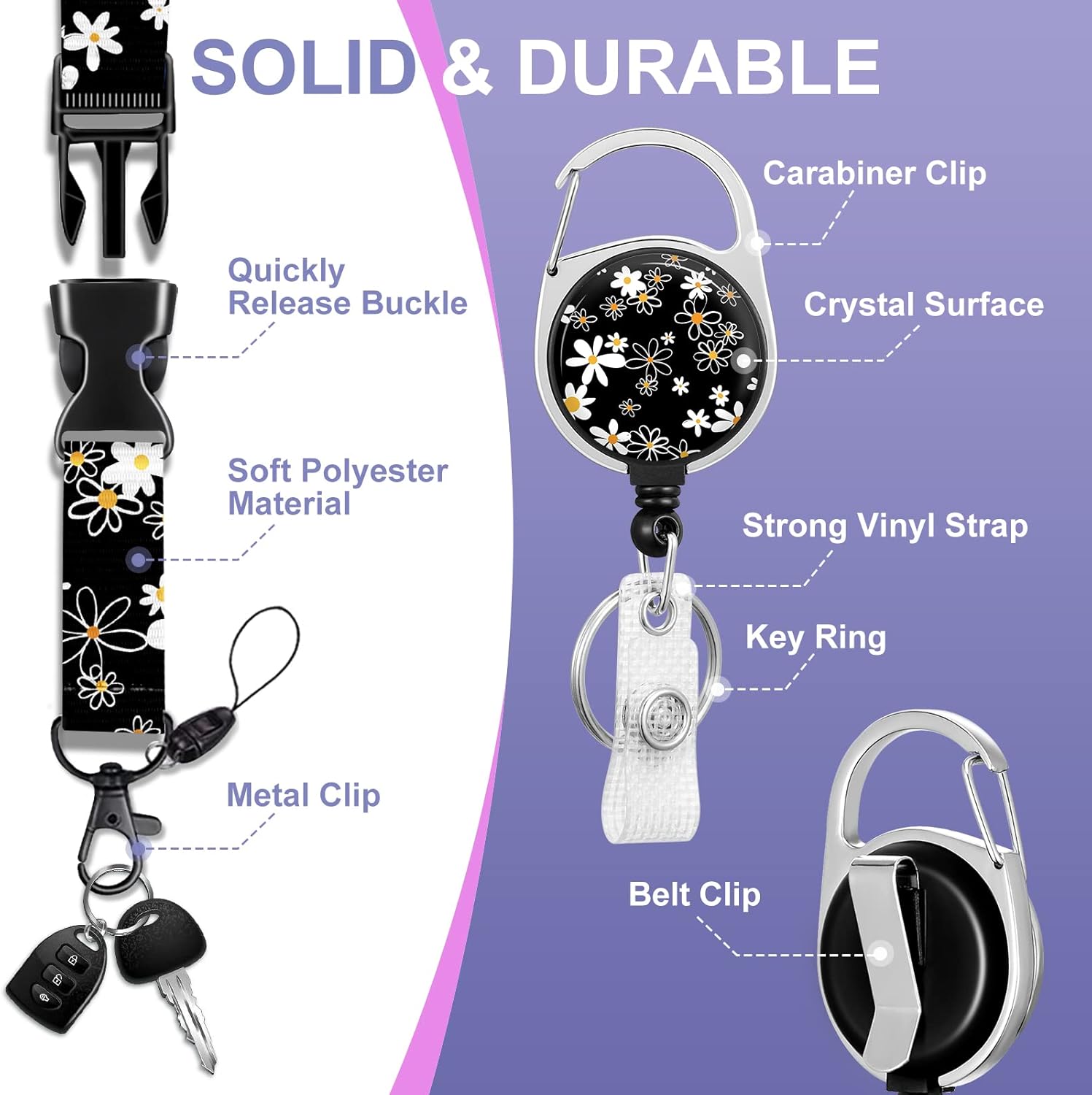 ID Badge Holder with Lanyard and Retractable Badge Reel Clip, Wild Flowers Floral Blossoms Card Name Tag Lanyard Vertical ID Protector Bage Clips for Nurse Nursing Doctor Teacher Student Black