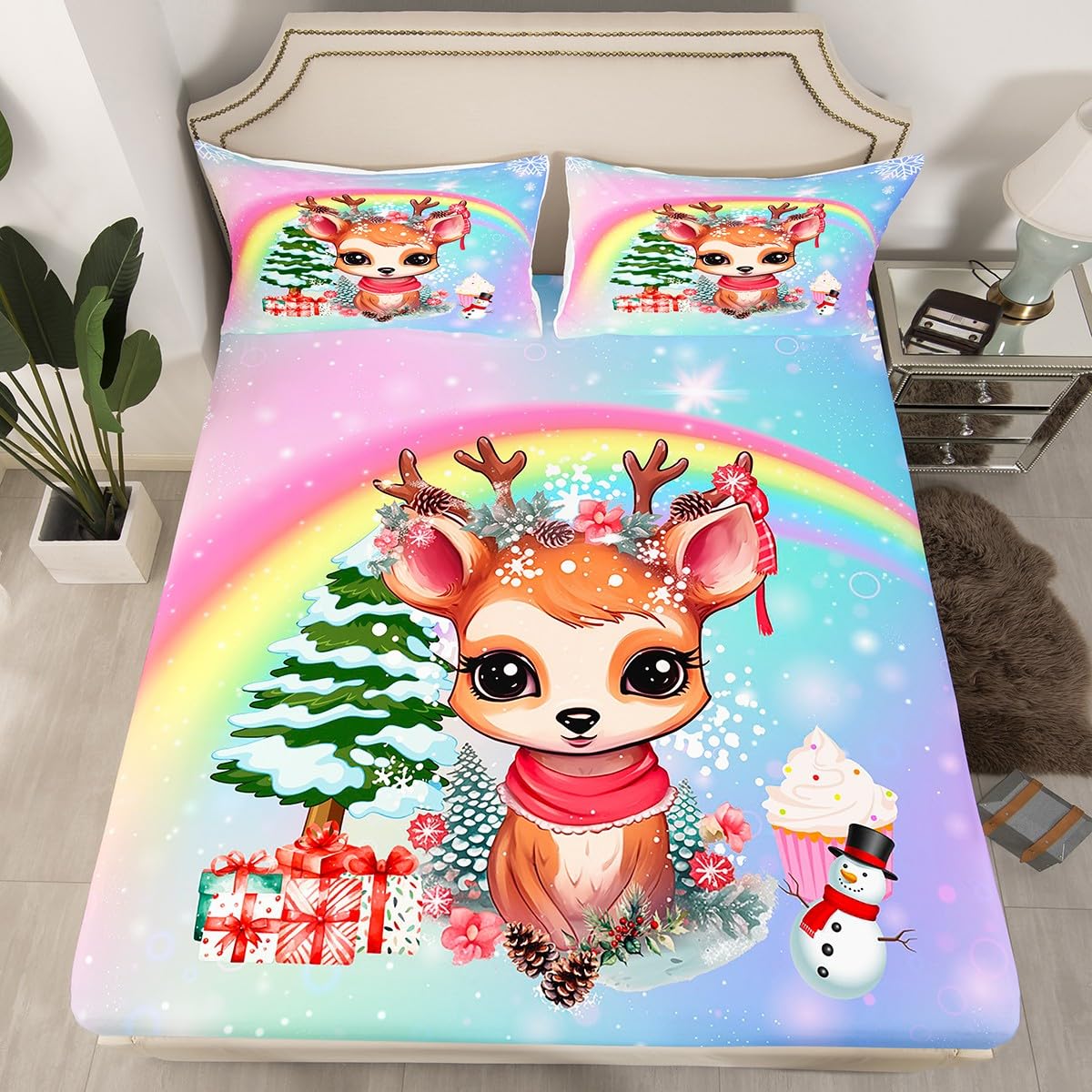 Cute Deer Fitted Sheet Single Size, Xmas Tree Snowman Ice Cream Bed Cover with 1 Pillowcase, Christmas Theme Rainbow Bedding Set 2pcs for Kids Girl Teen, Soft Polyester Bedding — image 1