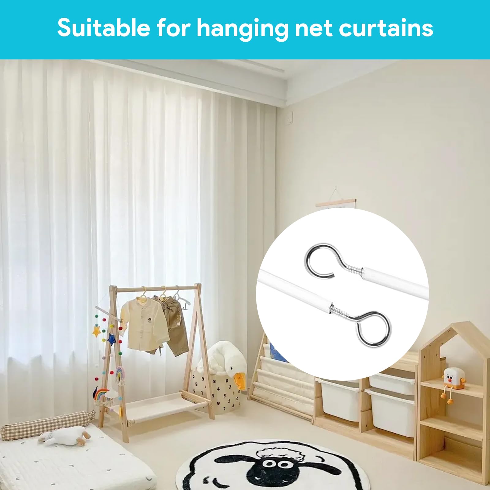 Fil de Rideau Blanc 15M avec 30 Paires Crochets et Yeux Kit Corde Suspendue pour Rideaux