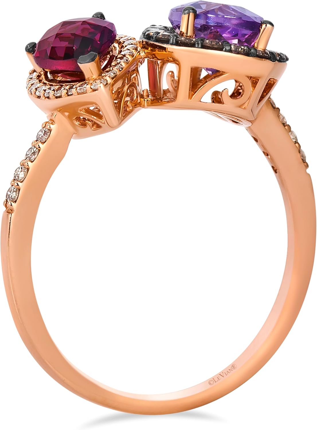 LE VIAN Vanilla Diamond Chocolate Diamond Rhodolite Amethyst Statement Ring for Women - 14k Rose Gold Ring for Her (White/Brown/Pink, 0.34 cttw) Anniversary Promise Wedding Band, Size 7