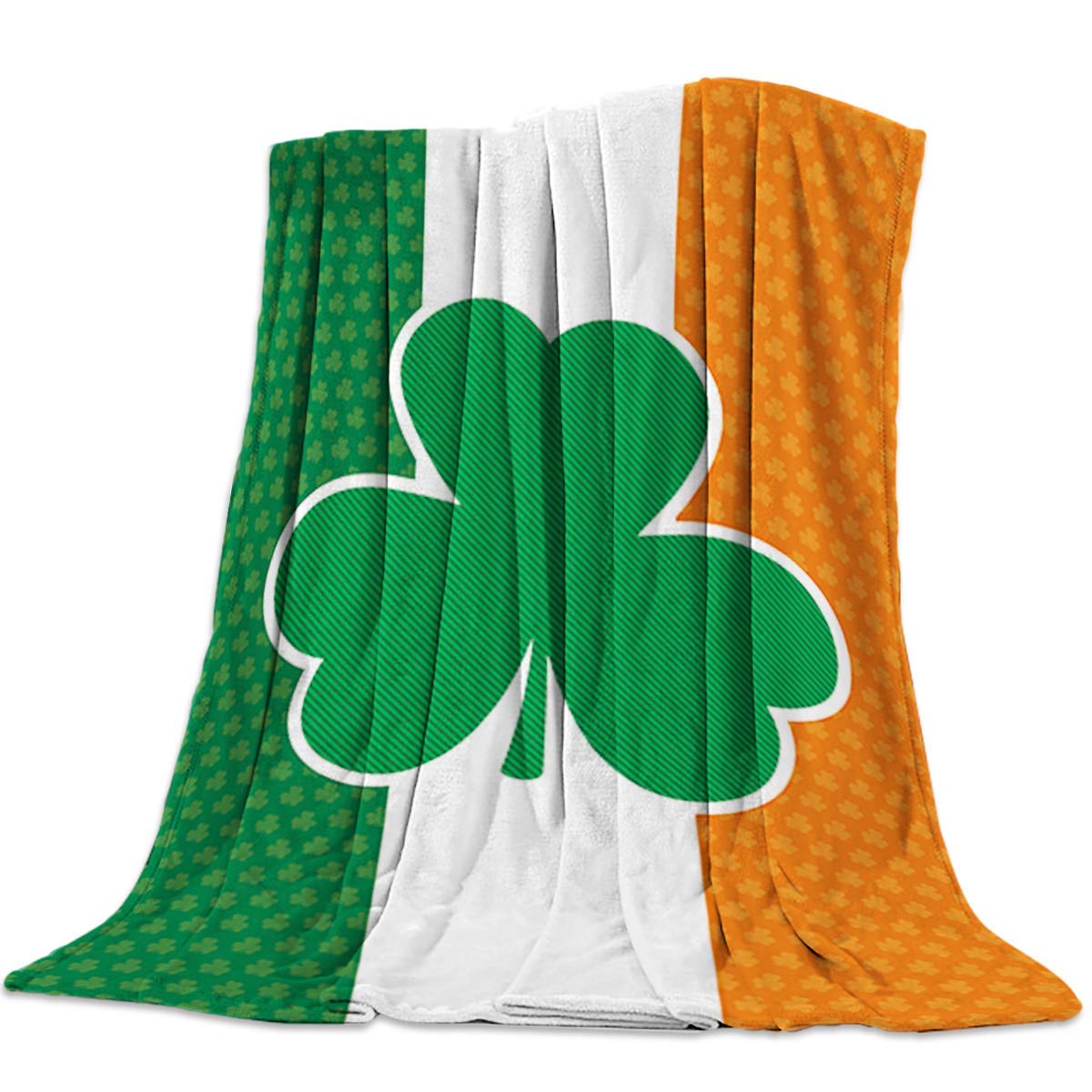 JOOCAR Flannel Throw Blanket St. Patrick's Day Irish Flag and Green Clover Shamrock Blanket Cozy and Soft Plush Warm Blankets for Bed Couch Living Room Sofa Chair 50x60 Inch