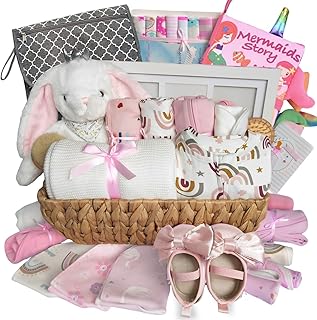 Adorable Baby Girl Gift Basket Include 36 Pcs Newborn Essentials, Baby Shower Gender Reveal Gifts,Baby Books Blanket Footie Pajamas Portable Diaper Changing Pad,Baby Gift Basket for Girls,Large,Pink