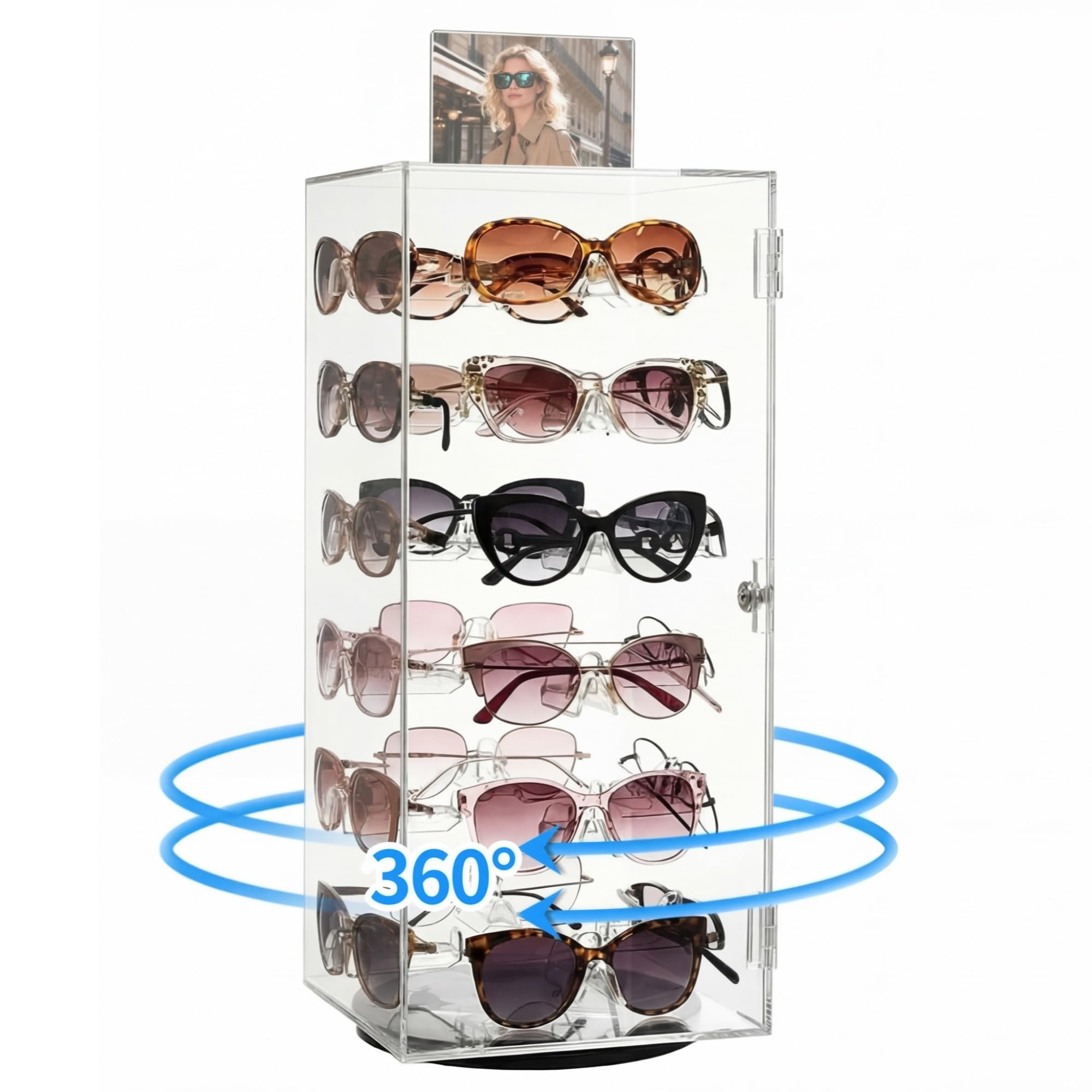 View 1 of ***DAMAGED - SEE NOTES/PICTURES***Colingmill Acrylic Lockable Rotating Sunglasses Display Case with Sign Holder