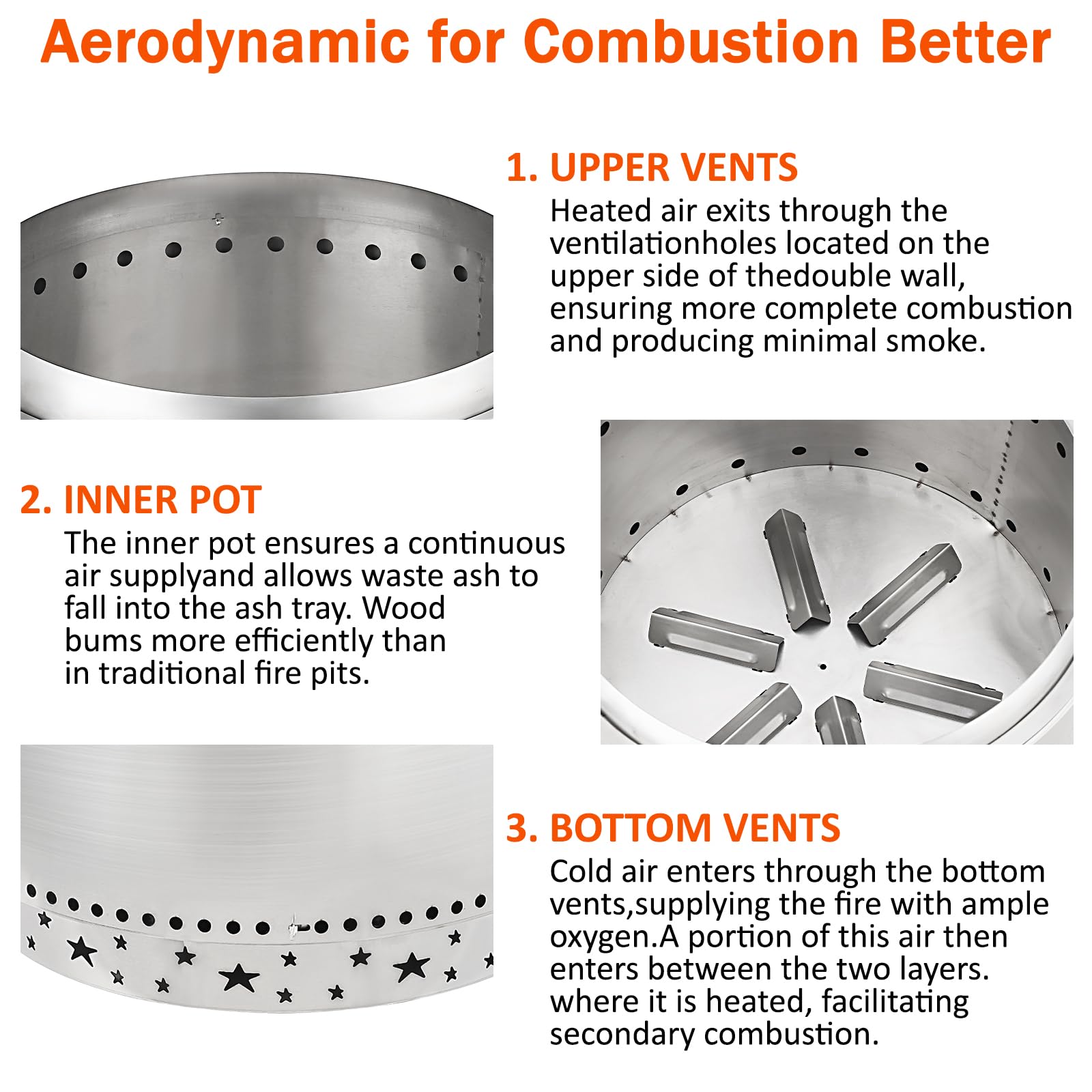 Brasero Exterior sin Humo con Interruptor de Aire, 68.5 cm (27 Pulgadas), de Acero Inoxidable, con Soporte Desmontable y cenicero. Ideal para fogatas, picnics y Otras Actividades al Aire Libre como a