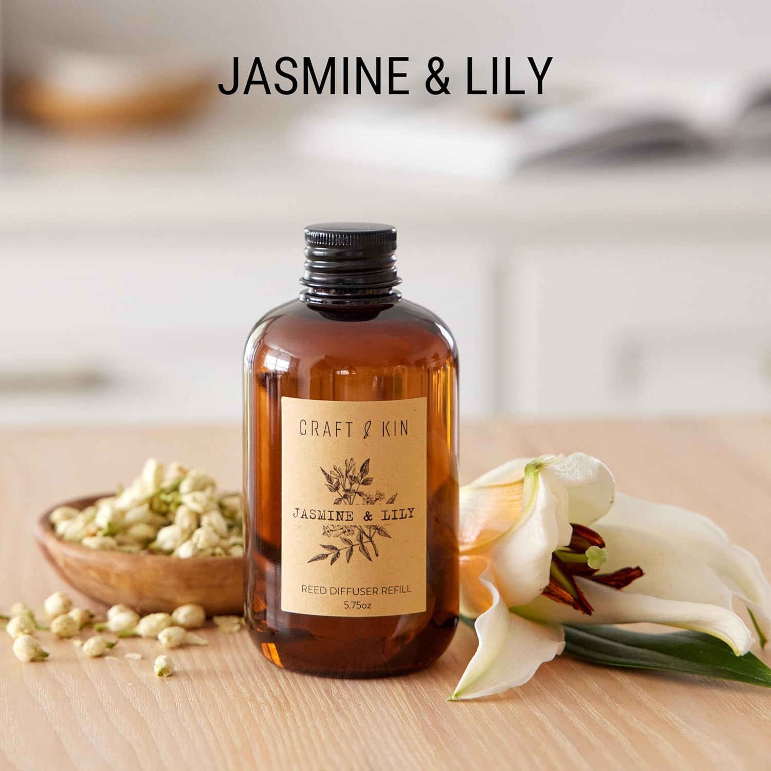 Jasmine & Lily Reed Diffuser & Oil Refill Bundle | Includes 8 Rattan Sticks, Amber Glass Vase (5.75oz), All-Natural Essential Oil, and Reed Diffuser Oil Refill Diffuser | Long-Lasting Fragrance