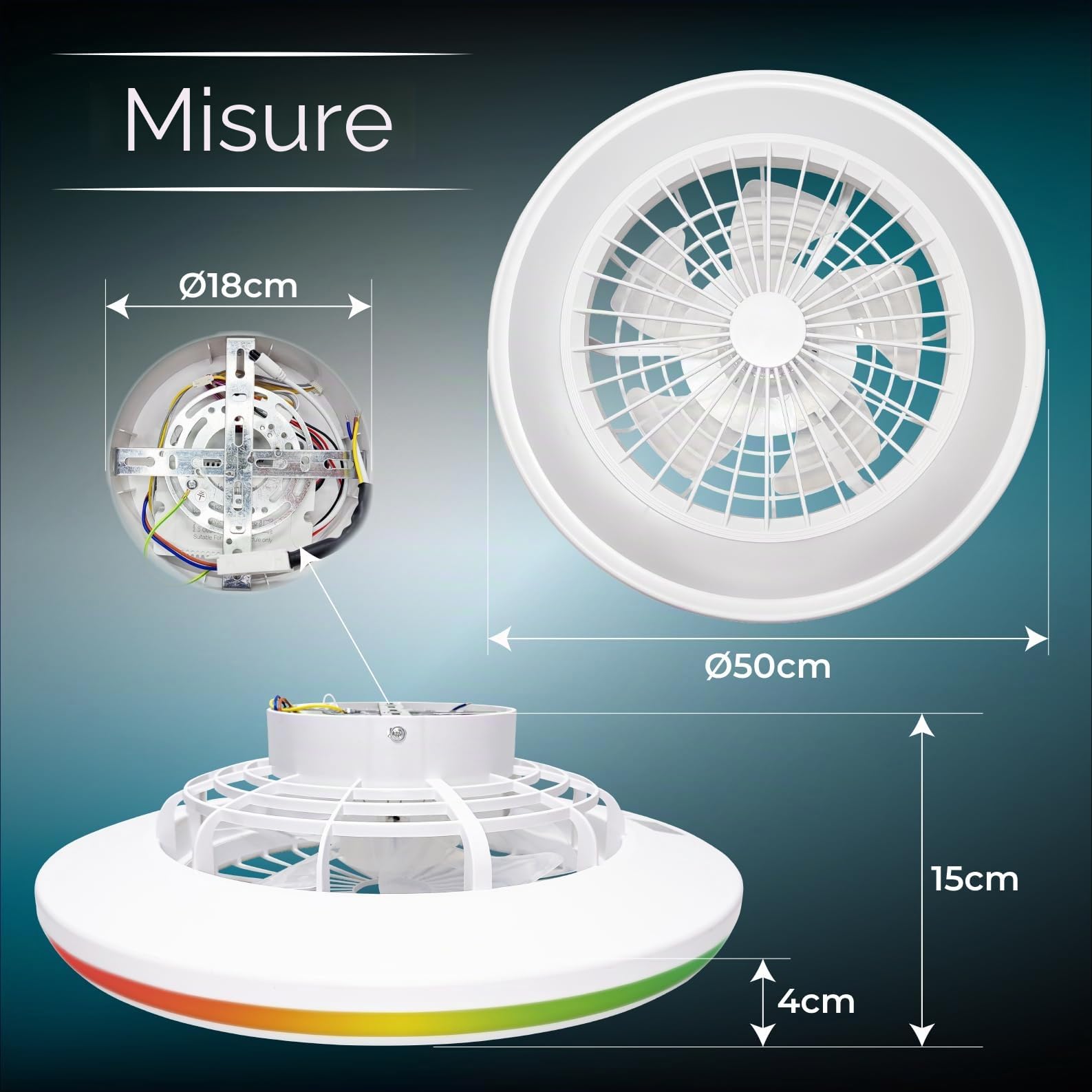 LED ATOMANT Ventilatore Soffitto Luce LED Diam 50cm 63W CCT e RGB Dimmer | 5000 lumen, Telecomando, Modalità estate/inverno, 6 velocità