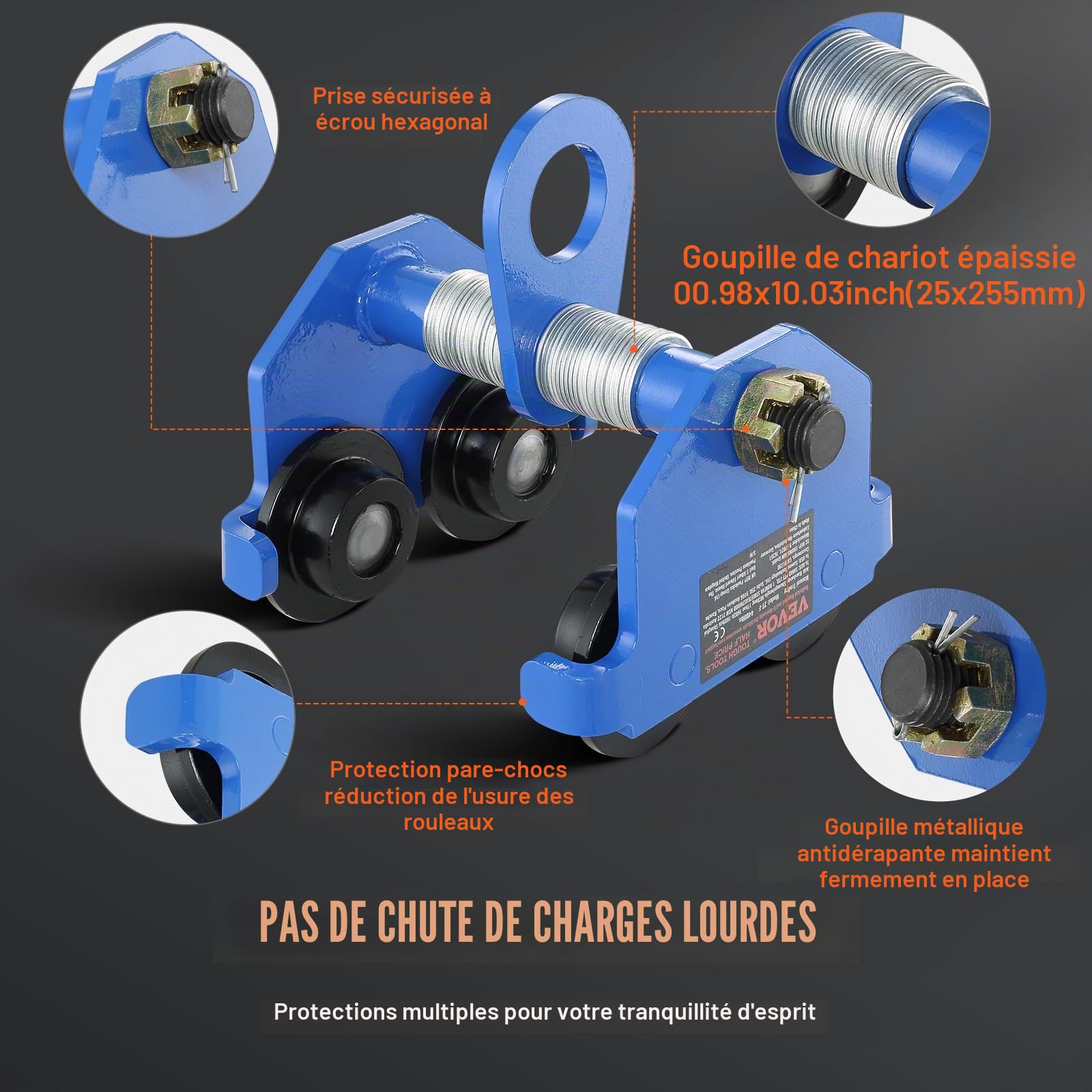 VEVOR Chariot Porte-palan Manuel, Charge 1 Tonne, Chariot à Poutre poussée 2 Roues, réglable pour Largeur Poutre I 63,5-177,8 mm, palan de Garage en Acier allié pour Poutre en I Droite et incurvée