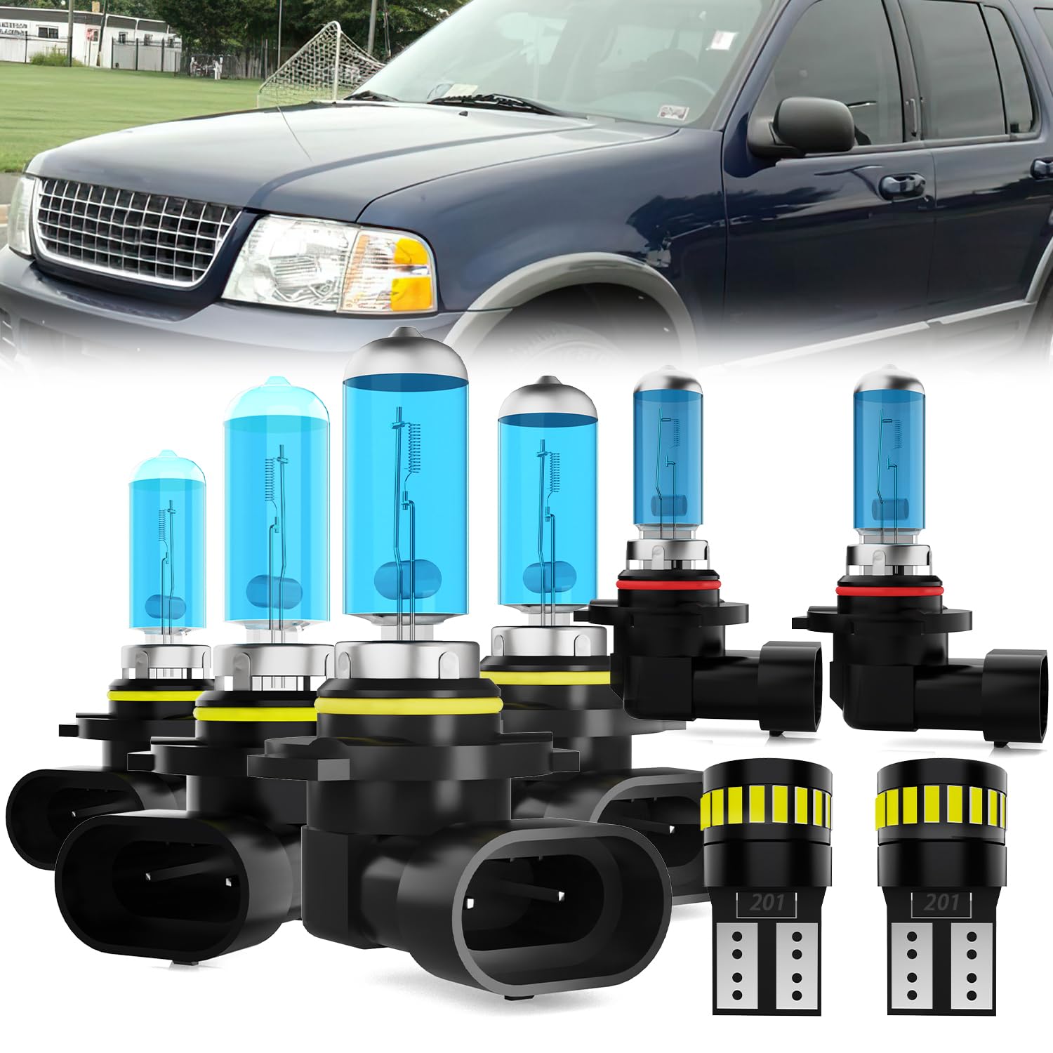 Headlight Bulbs License Plate Lights Fit For Ford Explorer 2002-2005, 9005 High Beam + 9006 Low Beam + 9145 Fog Lights Halogen Bulb + License Plate Lights, Pack of 8