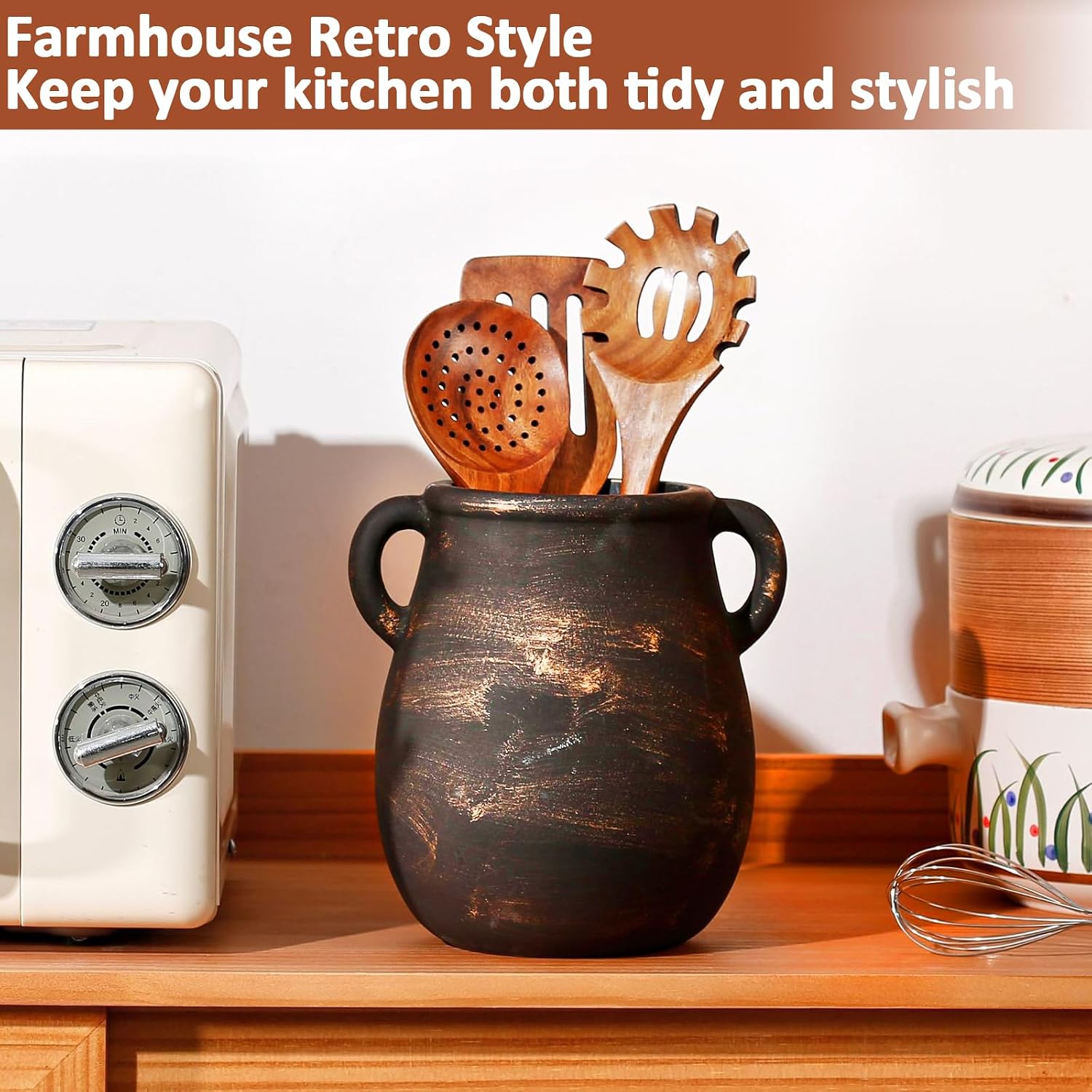 Rustic Utensil Holder with Handle, 7.8" H Ceramic Kitchen Utensil Holder for Countertop, Farmhouse Vintage Utensil Crock, Large Cooking Utensils Holder, Spatula Holder for Kitchen Counter (Black)