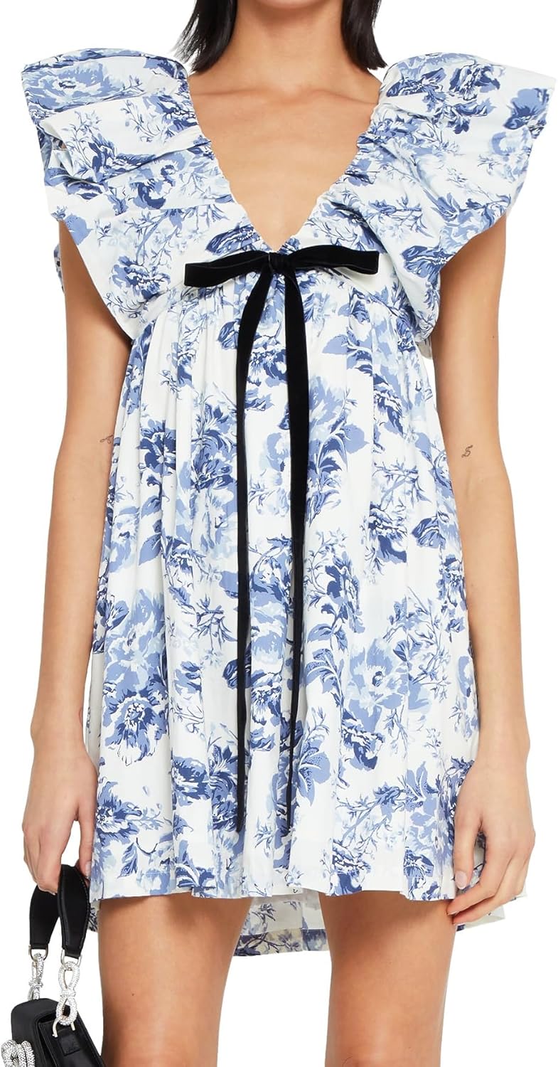 Women's Floral Bow V Neck Babydoll Mini Dress Flower Print Puffy Sleeve Boho Short Casual Loose Flowy Dresses