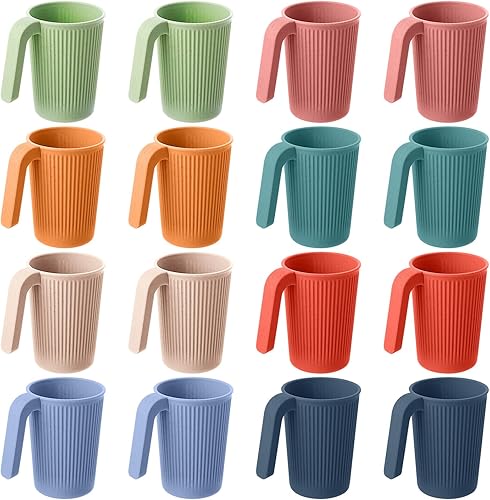 Dandat 16 tazas de paja de trigo con asa, taza de paja de trigo colorida apilable de plástico de 12 onzas, taza de café de plástico irrompible