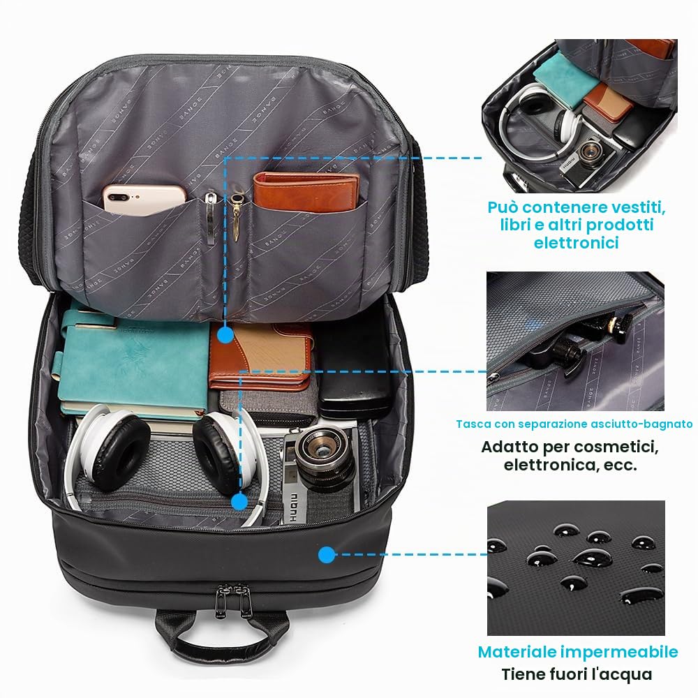 BG FUTURE AESTHETICS BANGE Smart Business Zaino da viaggio impermeabile con porta di ricarica 3.0 per uomini e donne