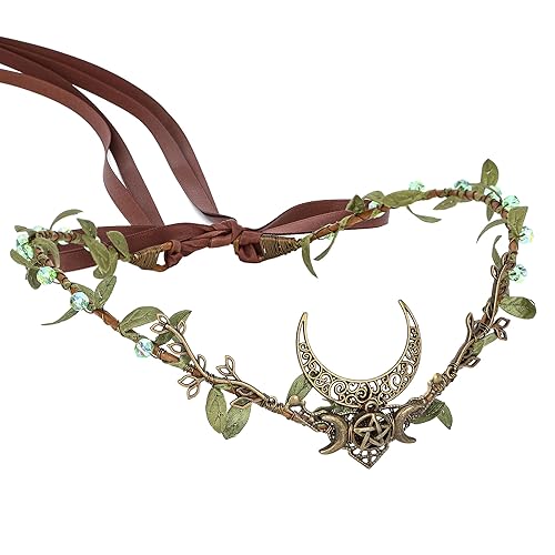 MOSTORY Corona de elfo de luna hecha a mano  Tocado de bosque de bosque de elfos, tiara de diosa medieval, accesorio de reina para mujeres y niñas,