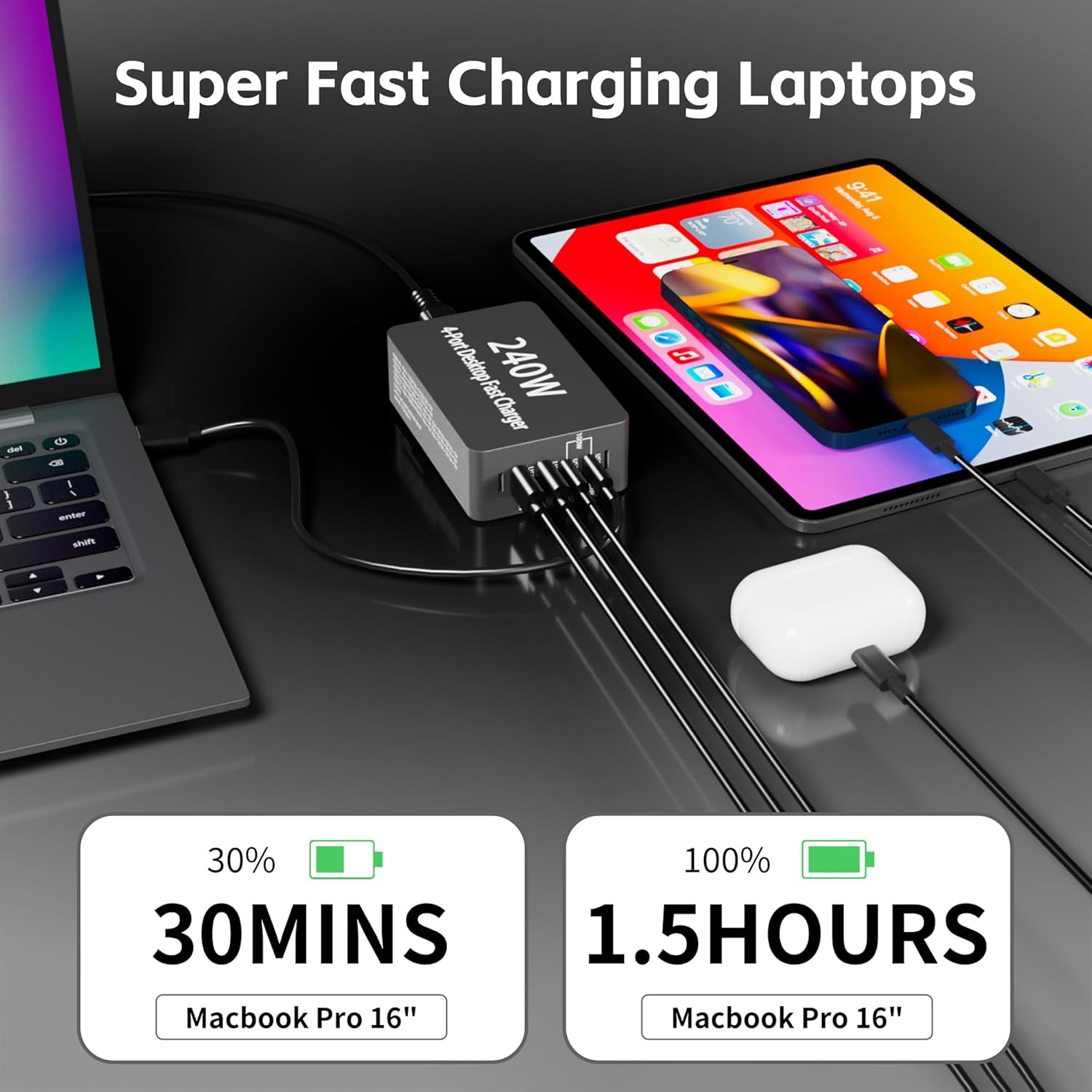240W USB C Charger Block, 4 Port USB Fast Charging Station 100W Laptop Power Adapter for MacBook, Laptop, Tablet, iPad, iPhone, Cell Phone Multiple Devices Charging Station, Type C Charger - Image 2