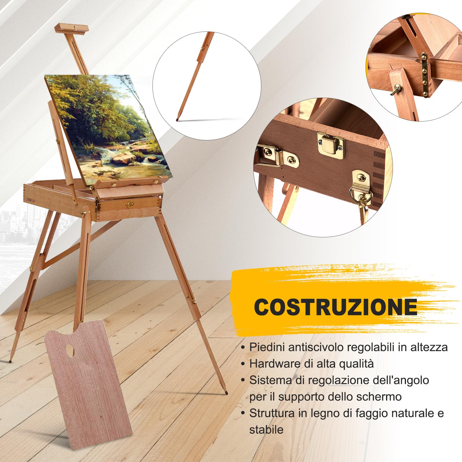 COSTWAY Cavalletto Regolabile Treppiede con Cassetto, Professionale Multiuso per Dipingere e Disegnare, in Legno di Faggio, Altezza Regolabile, 71x114x180cm