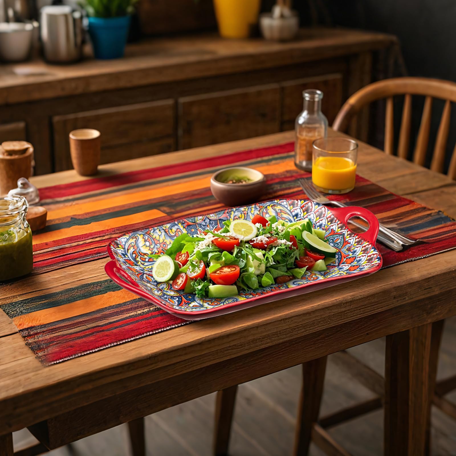 Boho-Servierplatten aus Keramik mit Griffen, 30,5 cm, große Servierschalen für Unterhaltung, bunte, niedliche Porzellan-Servierteller für Sandwich, Vorspeisen, Obst, mikrowellengeeignet, gemischte