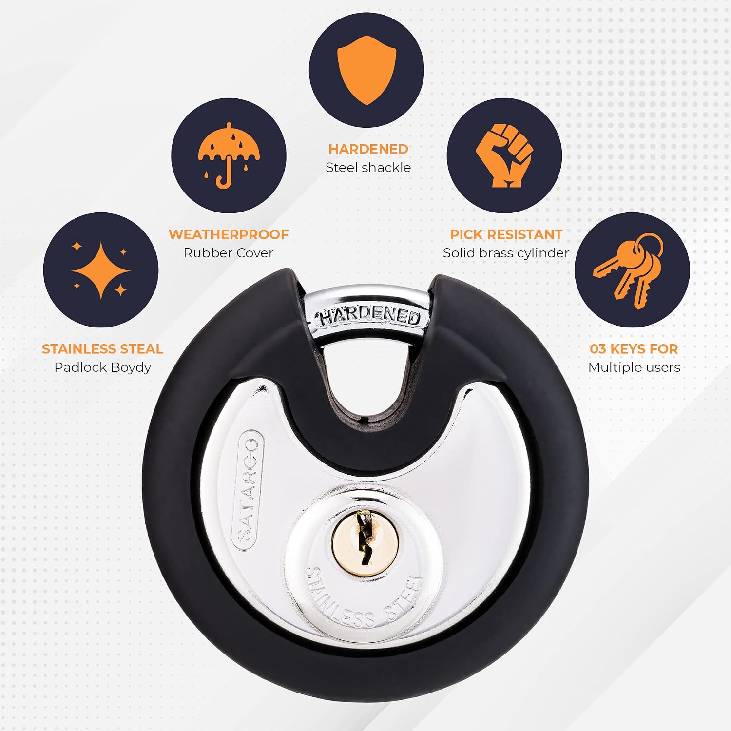 Satargo Heavy Duty Disc Padlock, 74mm Round Lock with Rubber Cover, Stainless Steel Body, Hardened Steel Shackle, 3 Keys - Image 3