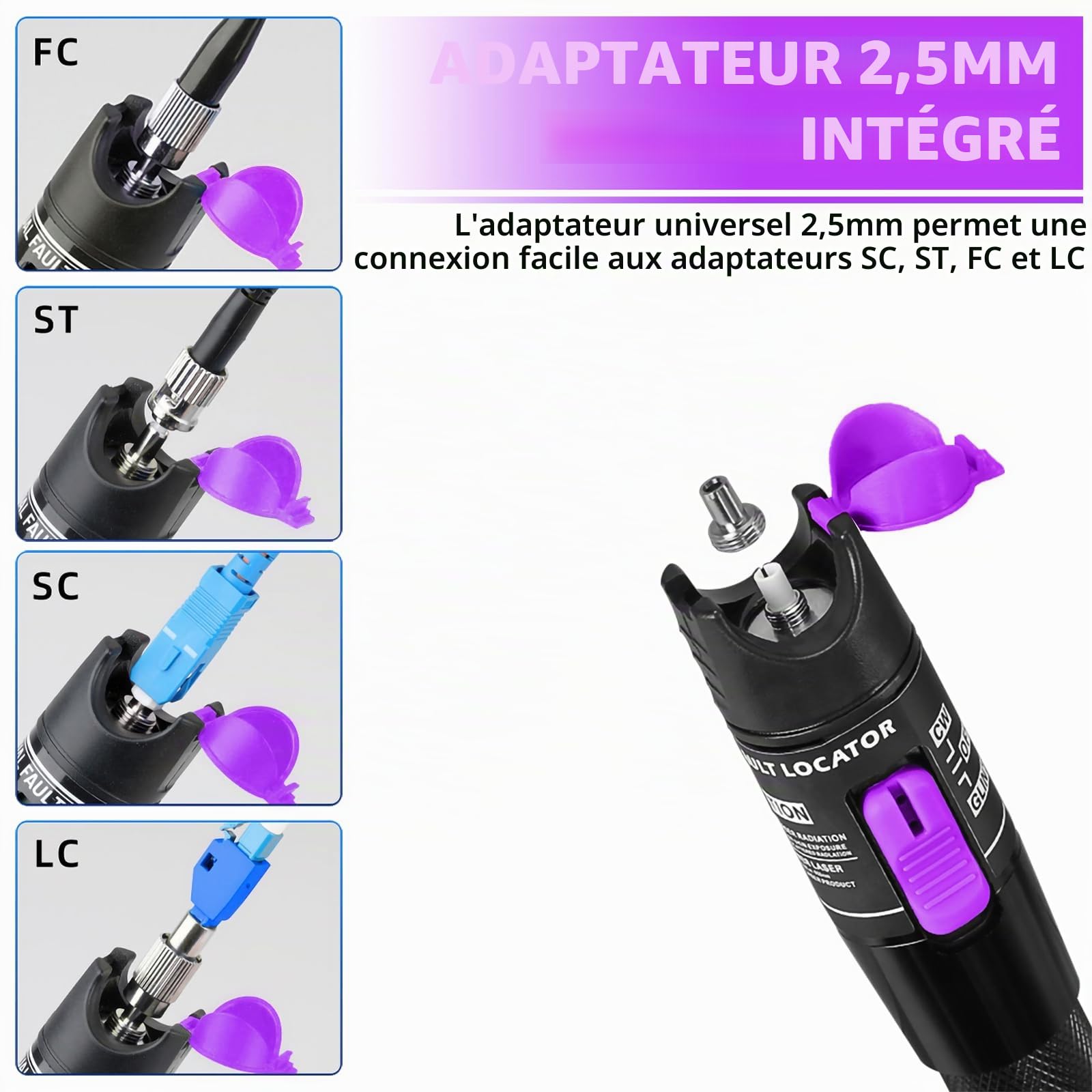 Localisateur visuel de défauts de 70 mW, kits VFL de 70 mW, Stylo testeur de câbles à fibre optique avec adaptateurs monomodes FC/LC 9/125 µm, compatible avec les interfaces SC/FC/ST/LC 2,5 mm