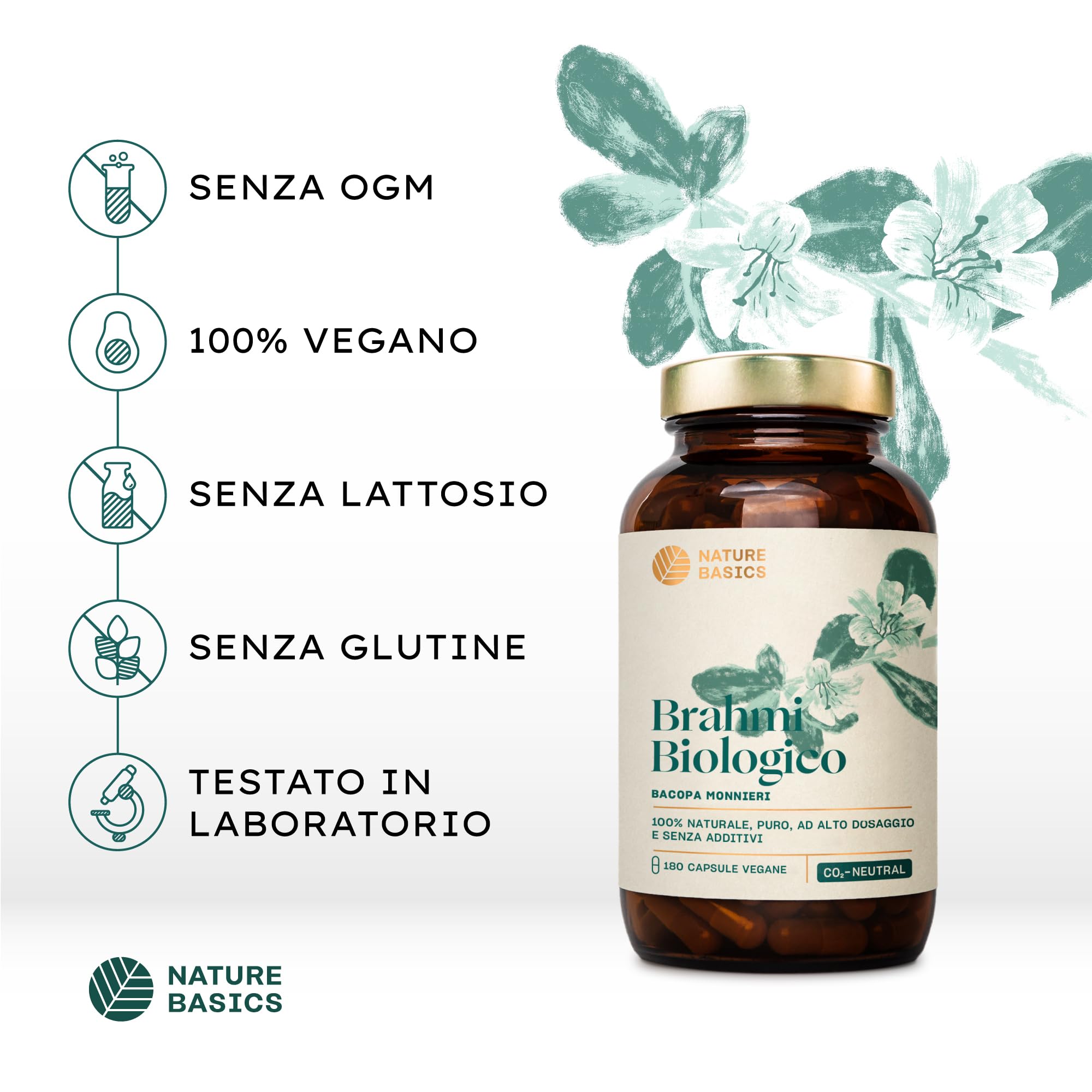 Bio Brahmi – 180 capsule ad alto dosaggio / 1000 mg Brahmi Bacopa Monnieri per dose giornaliera/Ayurveda integratore alimentare/vegano, certificato e sostenibile in vetro