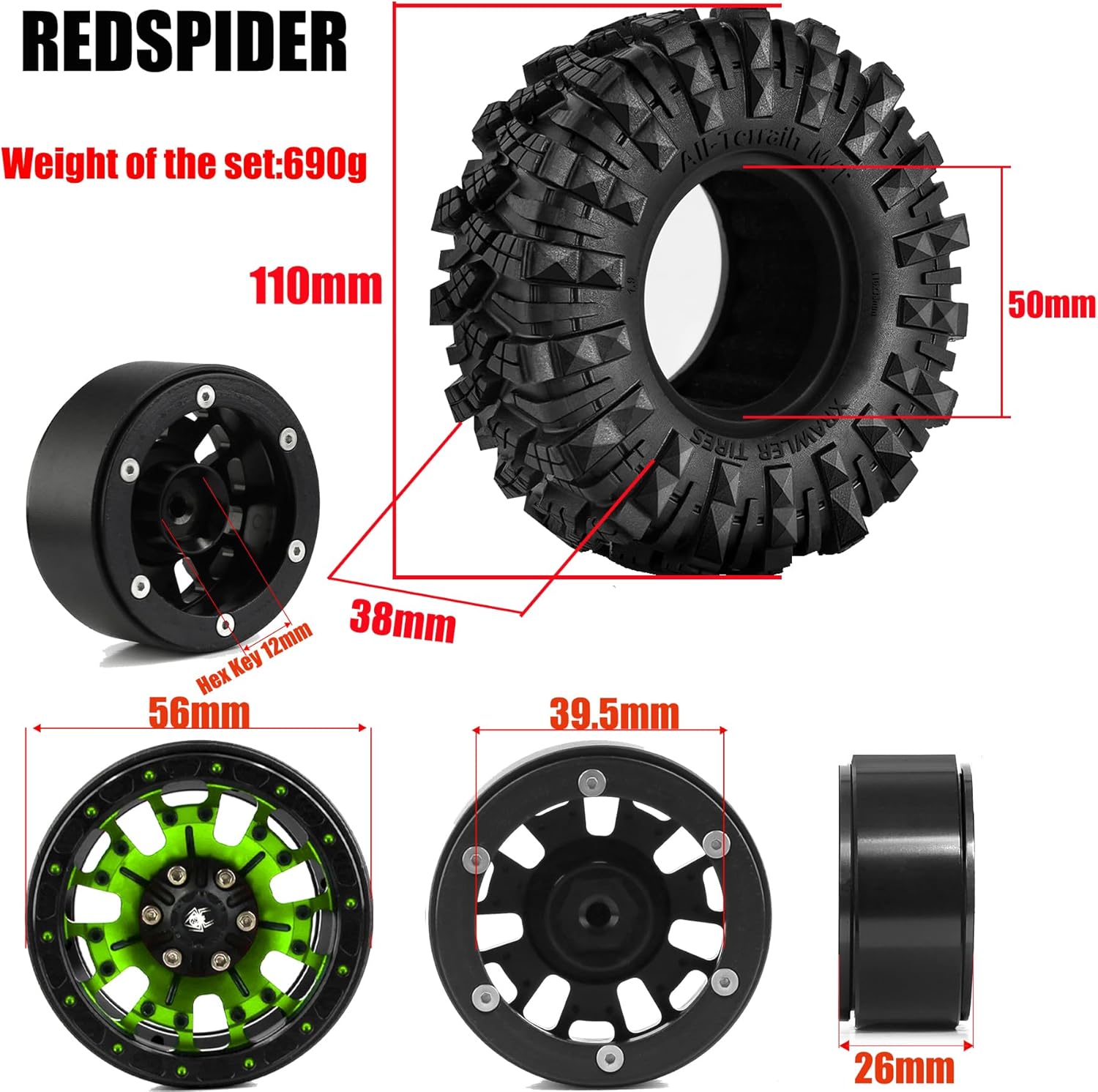 REDSPIDER 1.9 Beadlock Wheels and Tires Set（4PSC） Mud Specific Tire Metal wheels 1.9 Tires Has Super Strong Grip for 1/10 RC Crawler Car Axial SCX10 Pro Capra UTB18 TRX4 (Green)