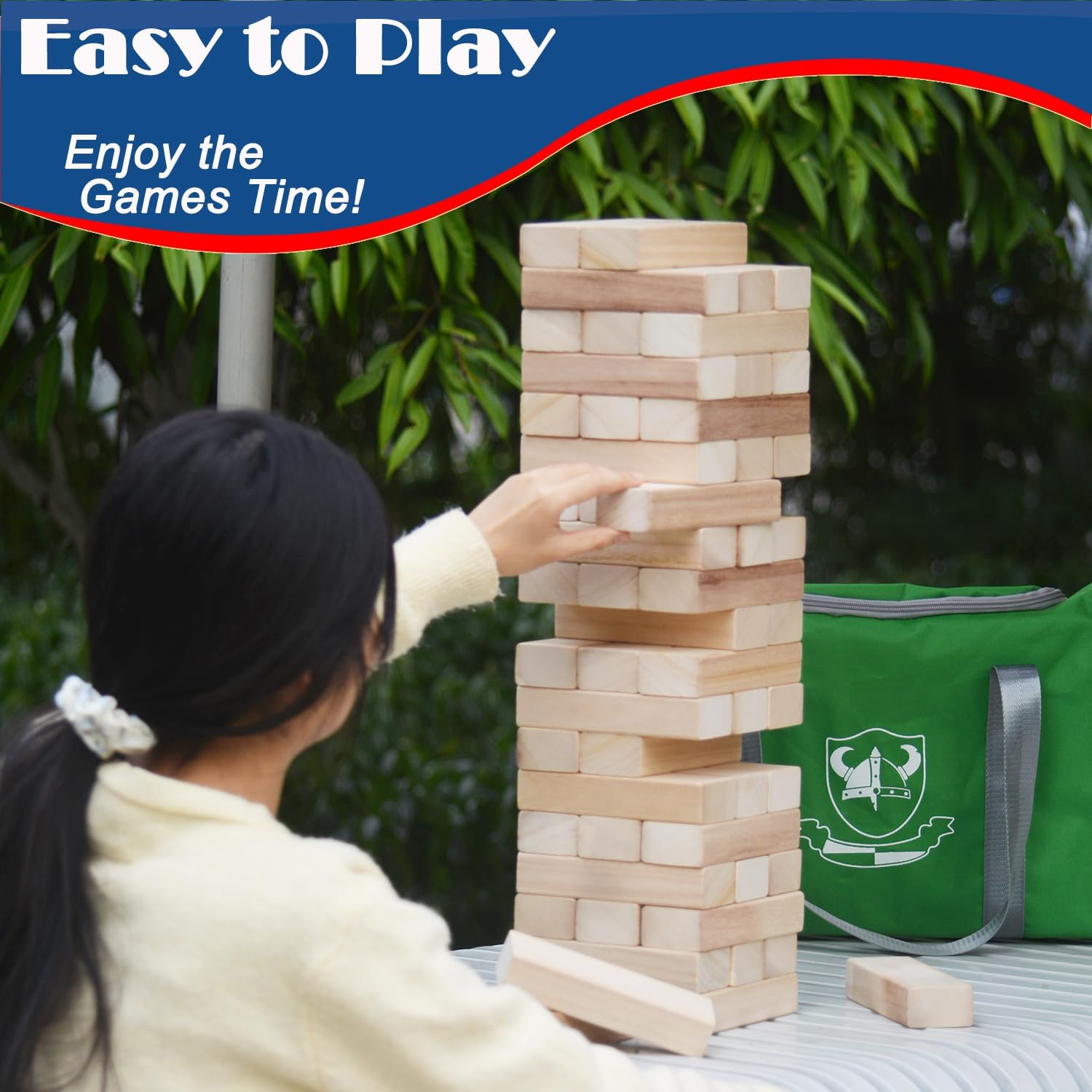 Jac & Mok Tumble Tower Game Set, Stacking Tower Game, Outdoor Games, Wooden Blocks Stacking Game - Includes Carry Bag (Natural, Jumbo-56pcs)